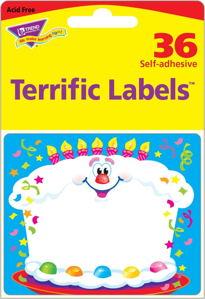 TREND Enterprises Happy Birthday Name Tag Stickers - 36 Self-Adhesive Labels for Parties & School (Age 3+)