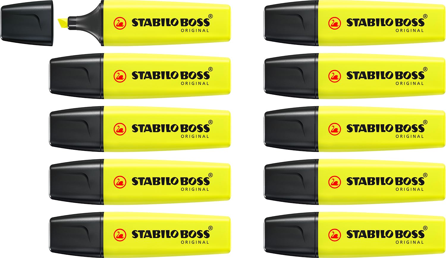 STABILO BOSS ORIGINAL Highlighter - Box of 10 Yellow | 2mm & 5mm Line Widths | Anti-Dry Out 1