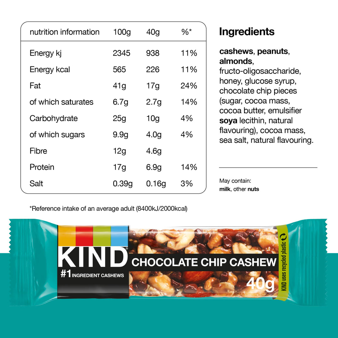 KIND Bars Chocolate Chip Cashew High Fibre Gluten Free Snack Bars No Artificial Ingredients 12 x 40g