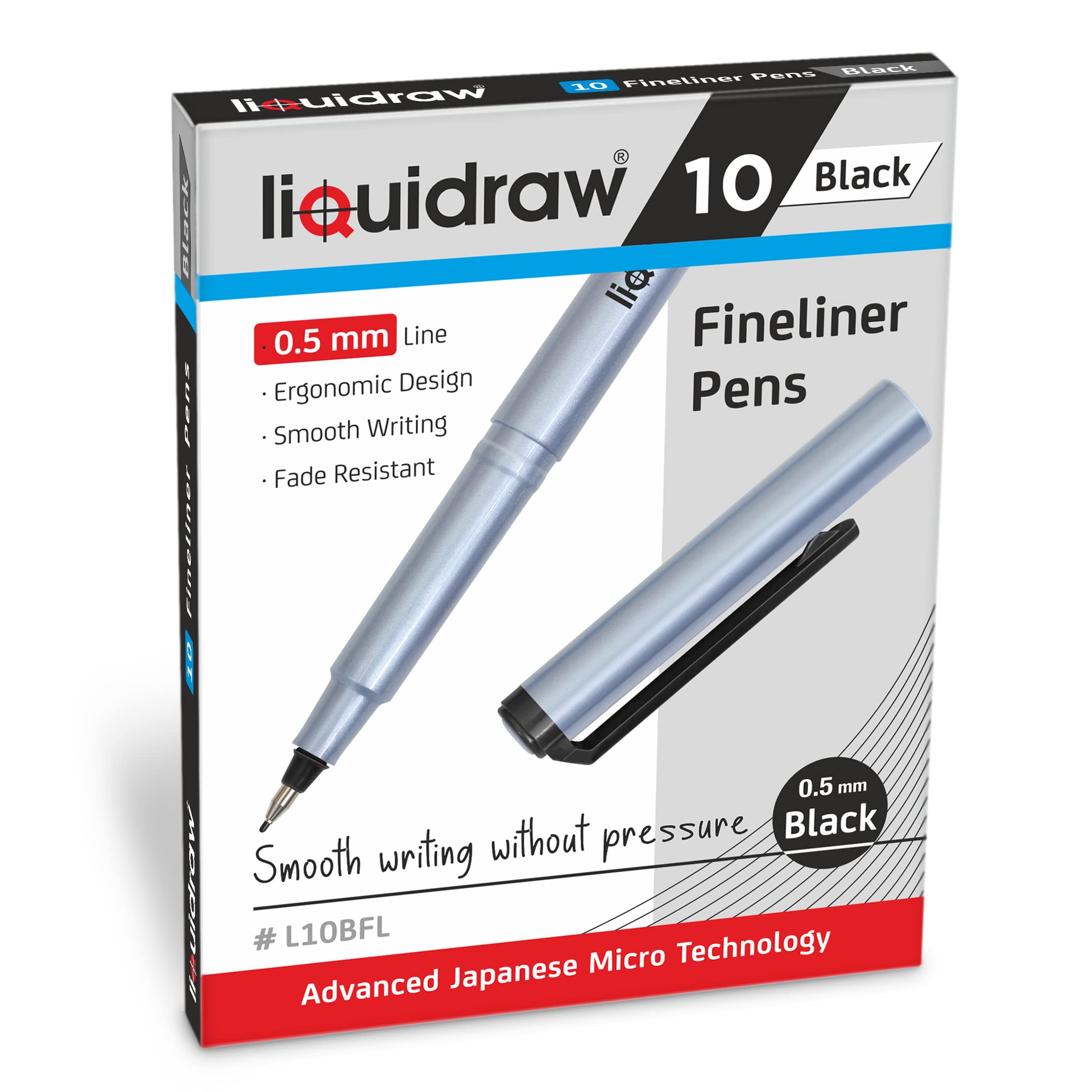 Liquidraw Fineliner Pens Set - 10 Pack Black Ink | 0.5mm Fine Point | Fade Resistant 1