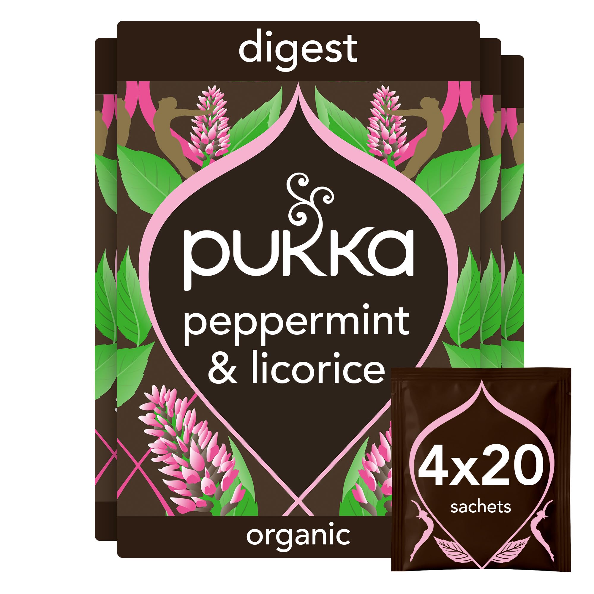 Pukka Herbs Organic Peppermint & Licorice Herbal Tea - Caffeine Free Digestive Infusion | 80 Biodegradable Bags (4 Packs)