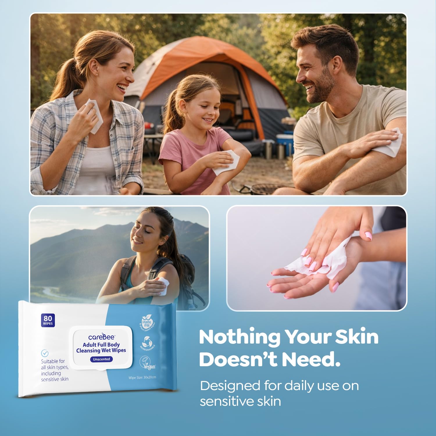 CareBee Premium Full Body Cleansing Wet Wipes for Adults - Fragrance-Free, Anti-Bacterial | Vegan, Hypoallergenic 4