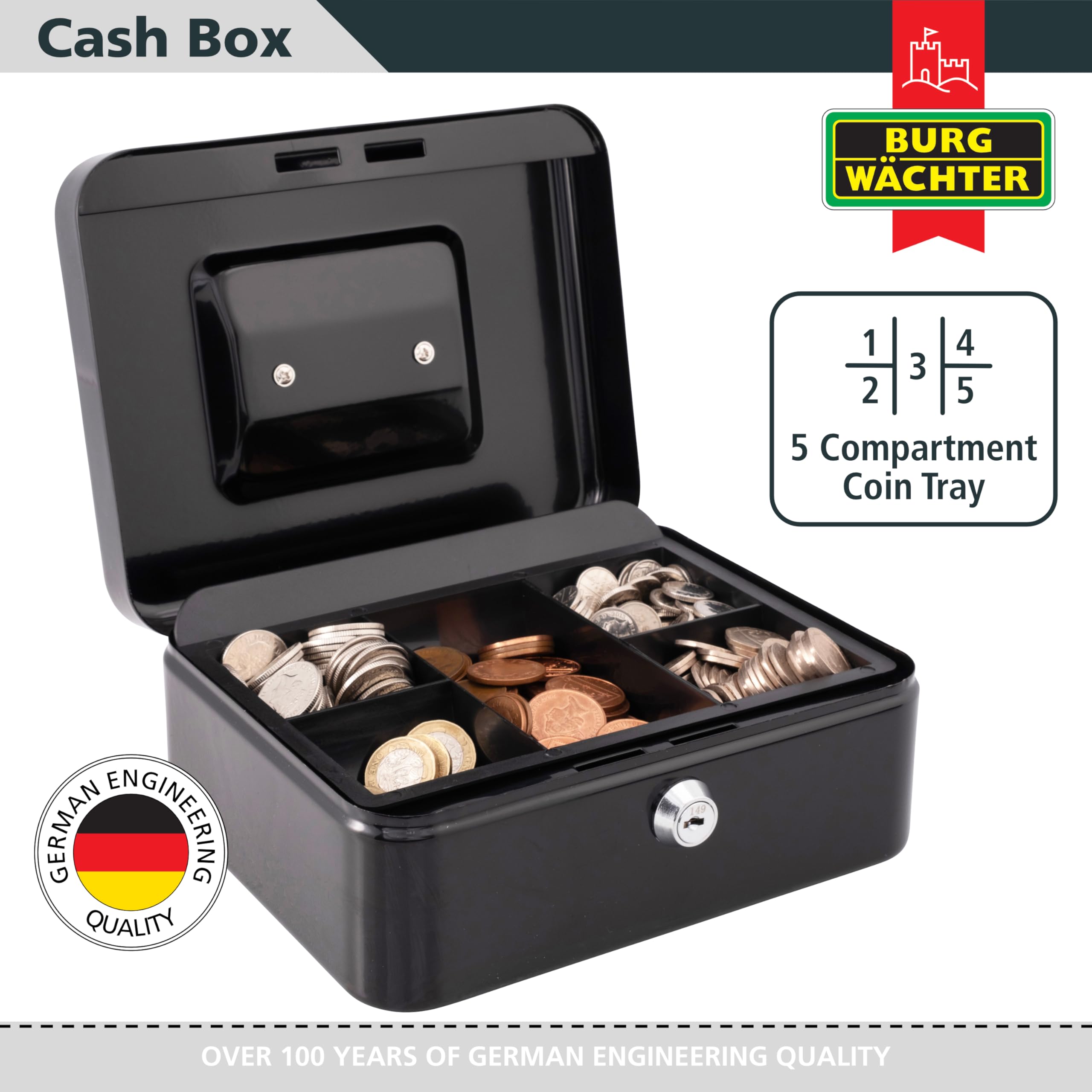 Burg-Wächter CB03GR Money 5025 Cash Box - 10' Size | Black Metal | Key Lock