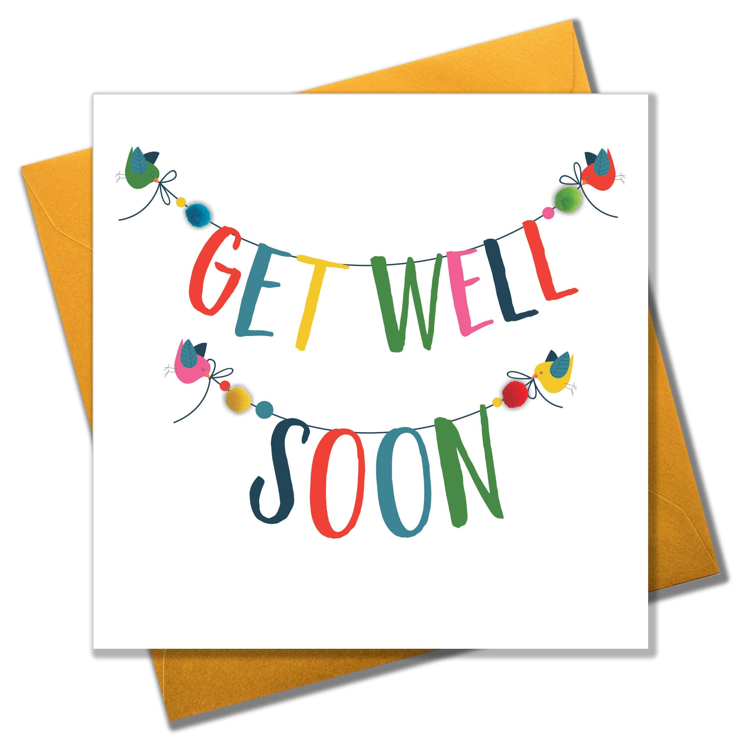 Claire Giles Greeting Cards Get Well Soon Card with Colourful Pompoms | 150x150mm | Blank Inside 1