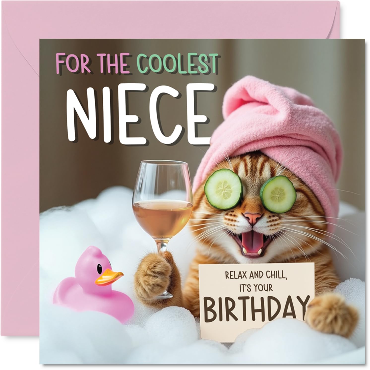 Stuff4 Funny Niece Birthday Card - Relaxing Bath Cat Design | 145mm x 145mm 1