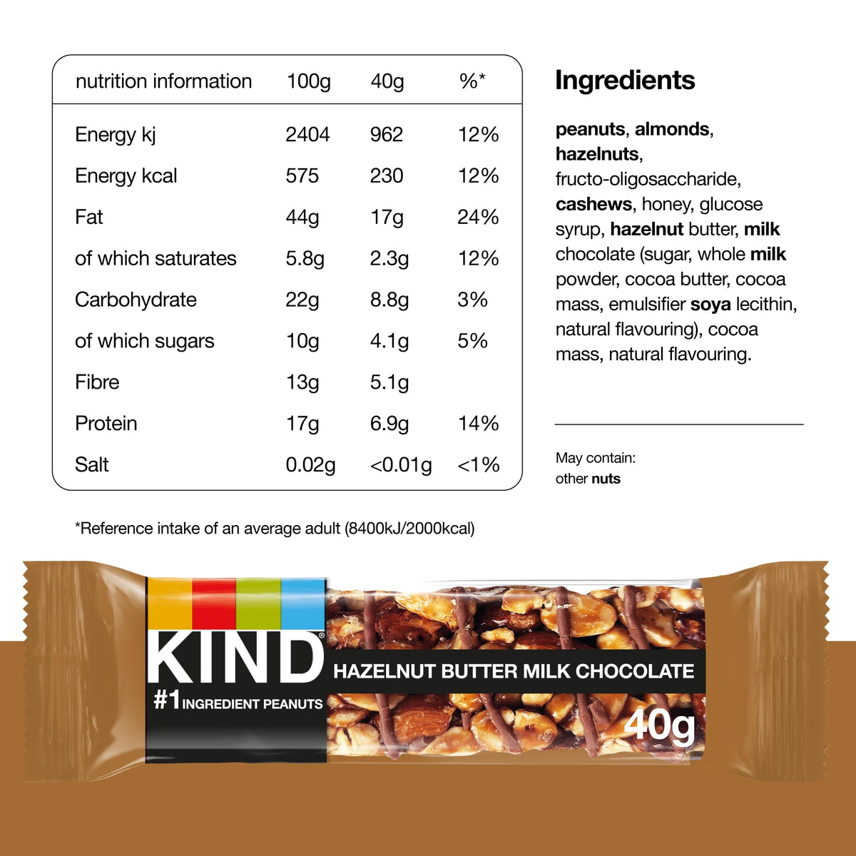 KIND Hazelnut Butter Milk Chocolate Fruit & Nut Bars - 12 x 40g, Gluten Free