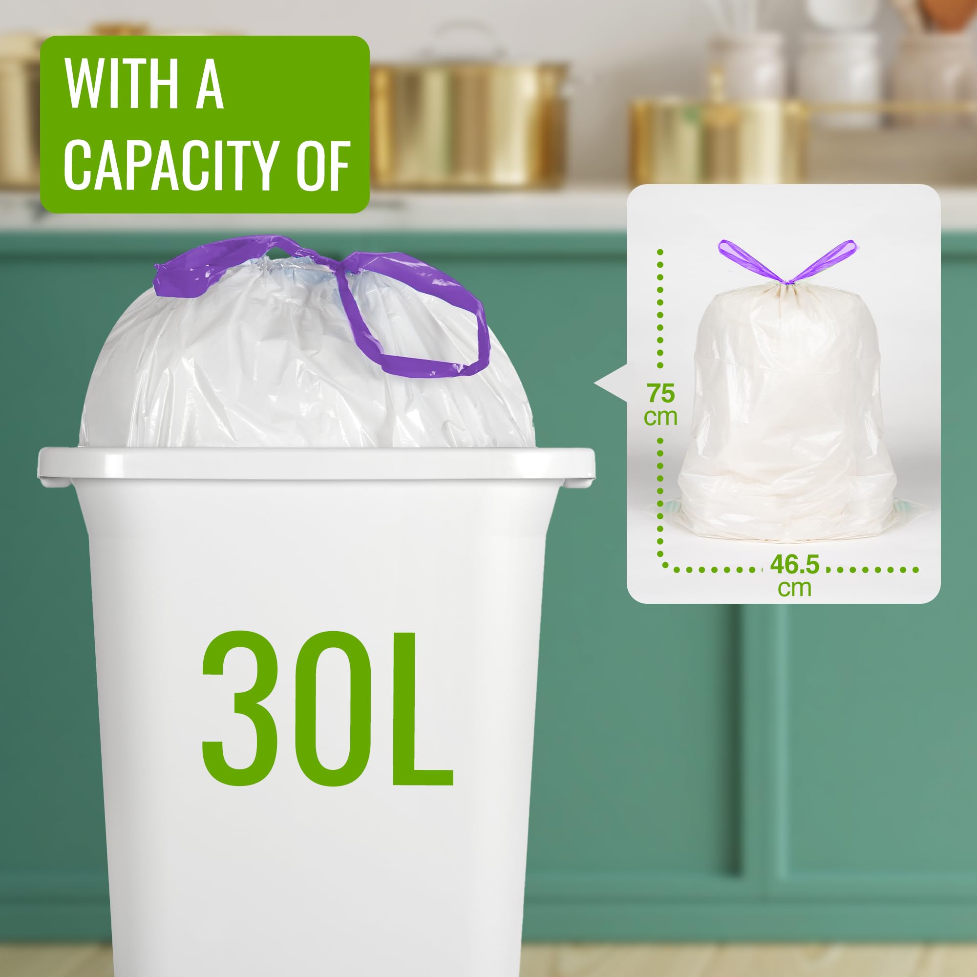 EcoBag Drawstring Bin Liners - 30L Capacity, Lavender Scented, 20 Pack | 25 Micron Heavy Duty 2