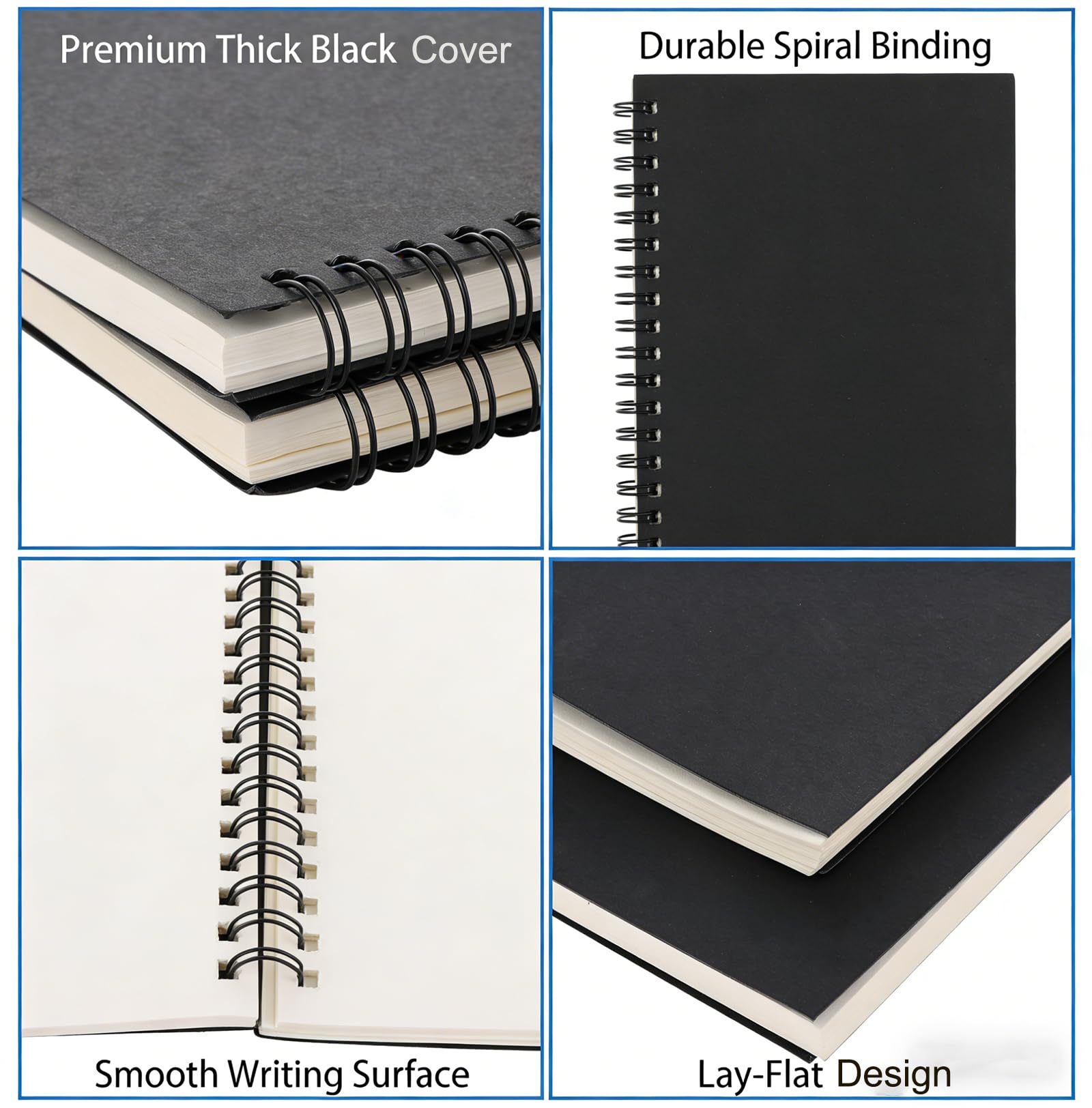 ASelected A5 Sketch Pad, 6 Pack Spiral Bound Notebooks, 60 Sheets Each, Blank Pages, Black Cover 5