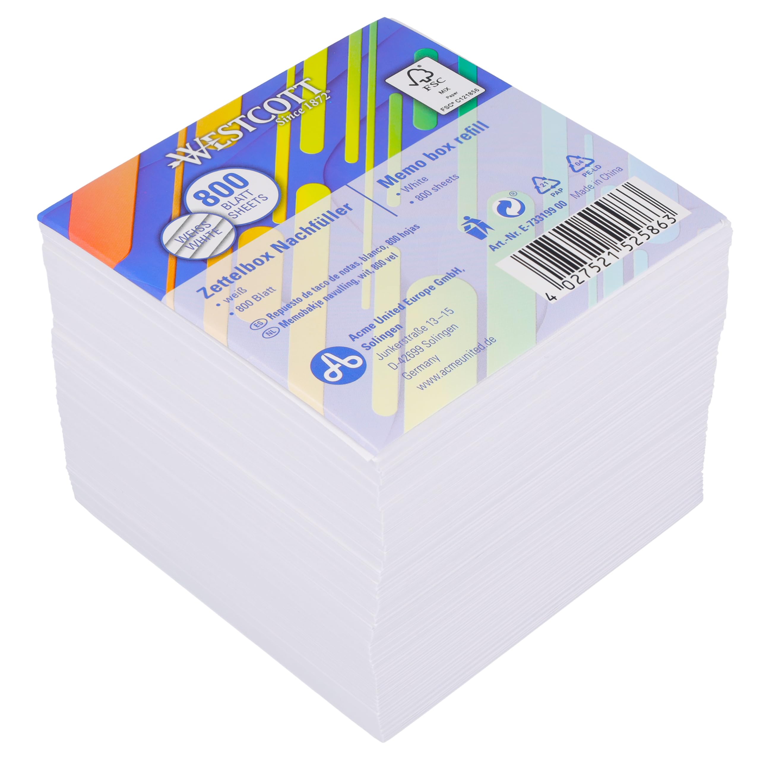 Westcott Note Block Refill Pack - 800 Sheets White Paper | 9 x 9 cm Size | 80g/m² 1
