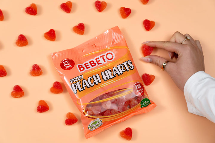 Bebeto Peach Hearts Fizzy Chewy Candy (150g) - Real Fruit Juice, No Artificial Colours