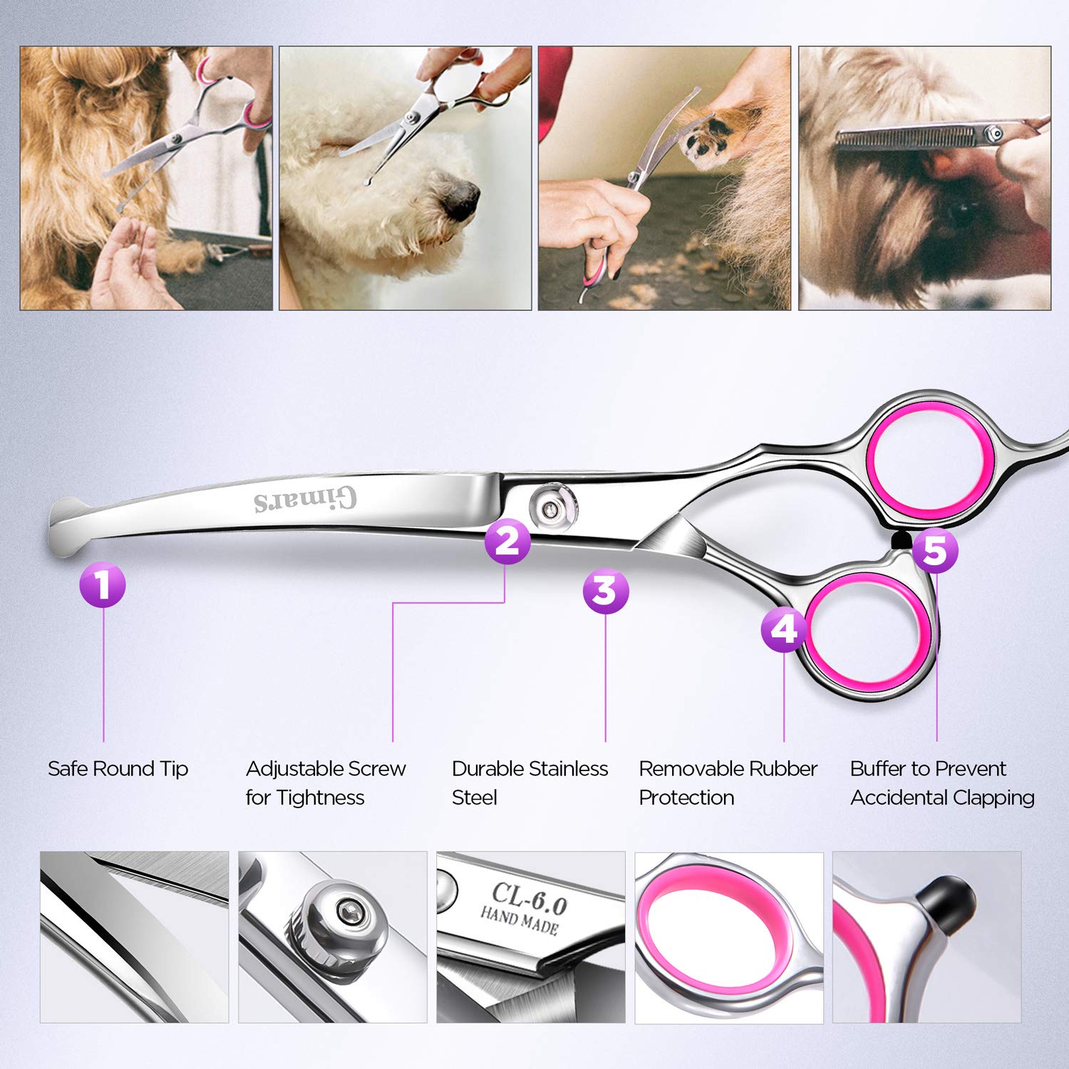 Gimars 6-in-1 Professional Dog Grooming Scissors Set | 4CR Stainless Steel | Pink 4