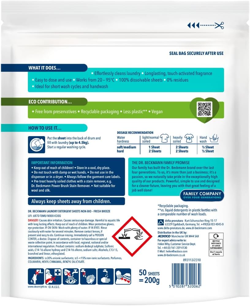 Dr. Beckmann Laundry Detergent Sheets Non-Bio - Spring Fresh Scent, 220g