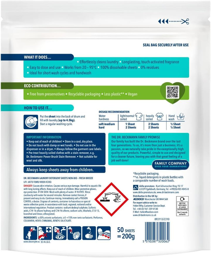Dr. Beckmann Laundry Detergent Sheets Non-Bio - Spring Fresh Scent, 220g