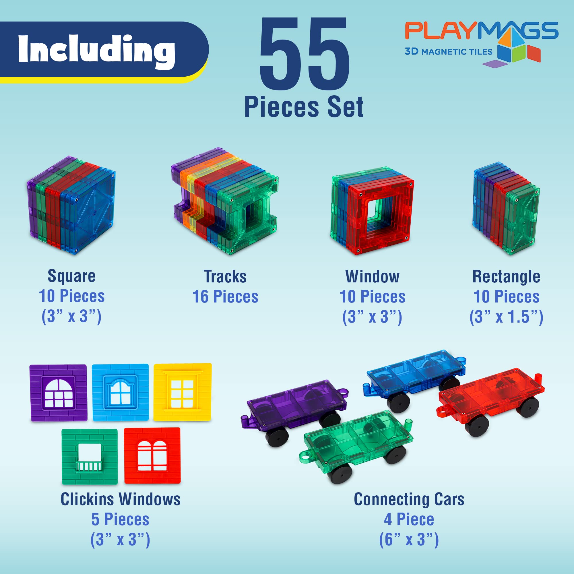 Playmags 3D Magnetic Blocks for Kids - 50 Piece Set with 4 Cars, Ages 3+ 5