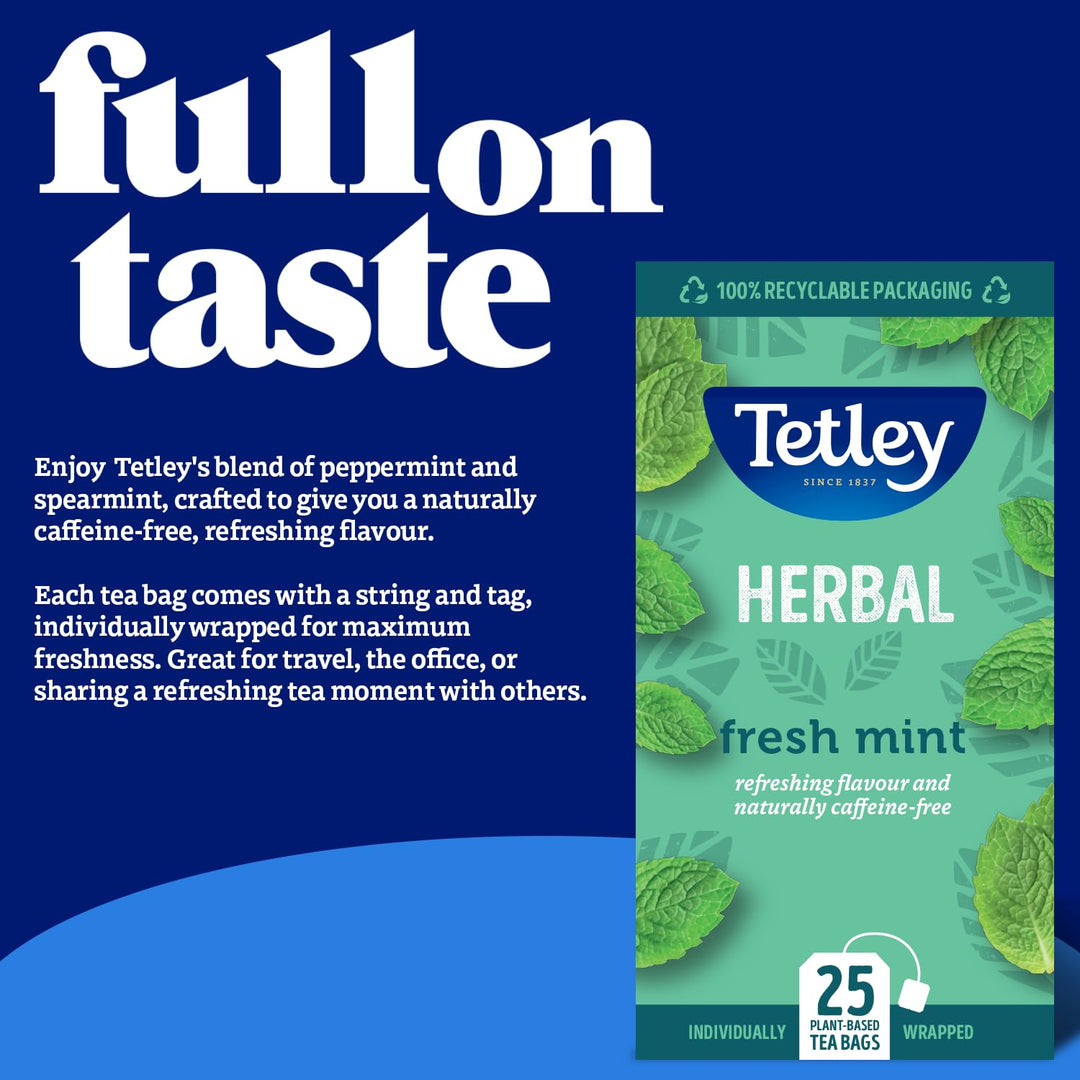 Tetley Fresh Mint Tea Bags - Peppermint & Spearmint Herbal Blend - 25 Bags