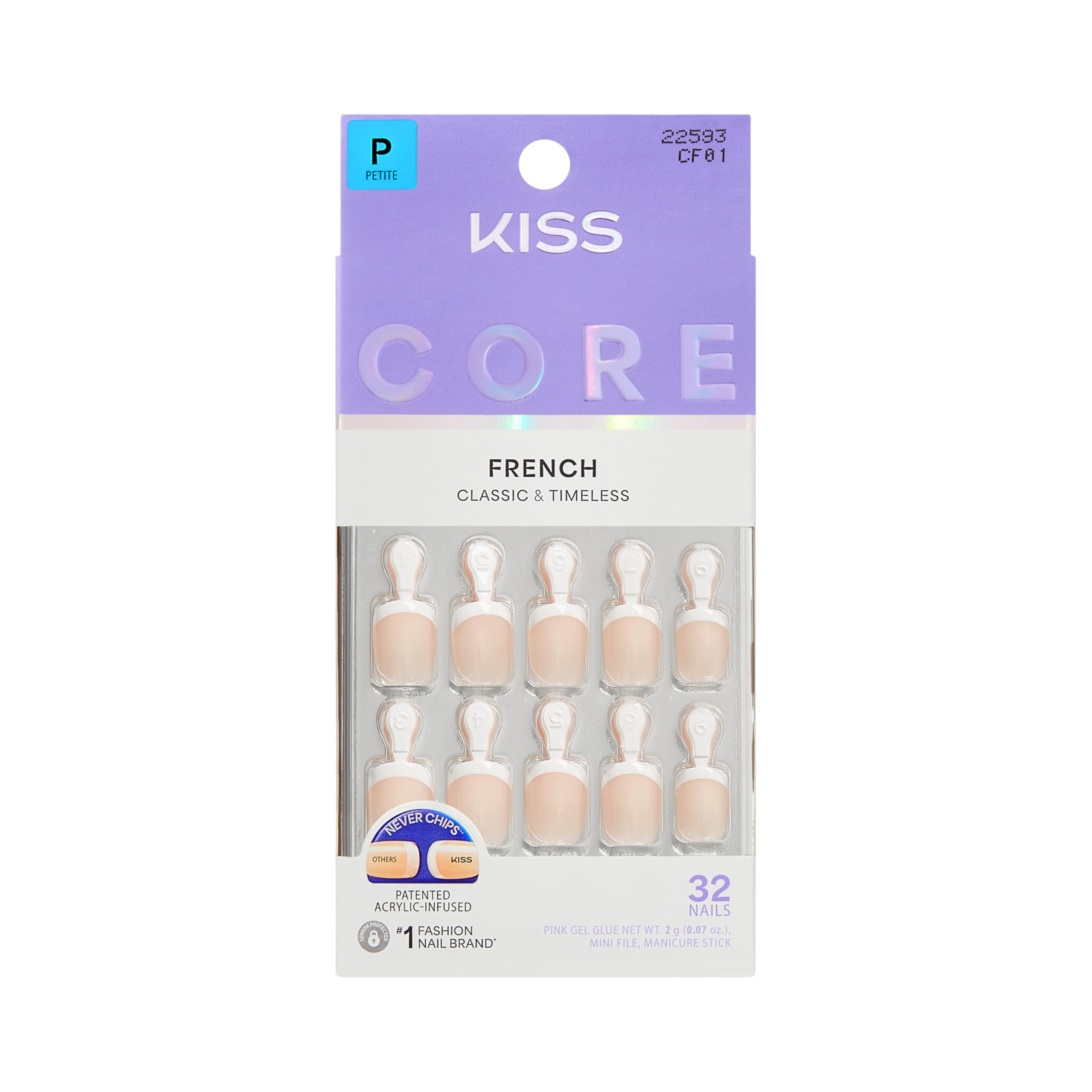 KISS CORE French Tip Press On Nails - 'Perfection' White Petite Squoval 32 Count