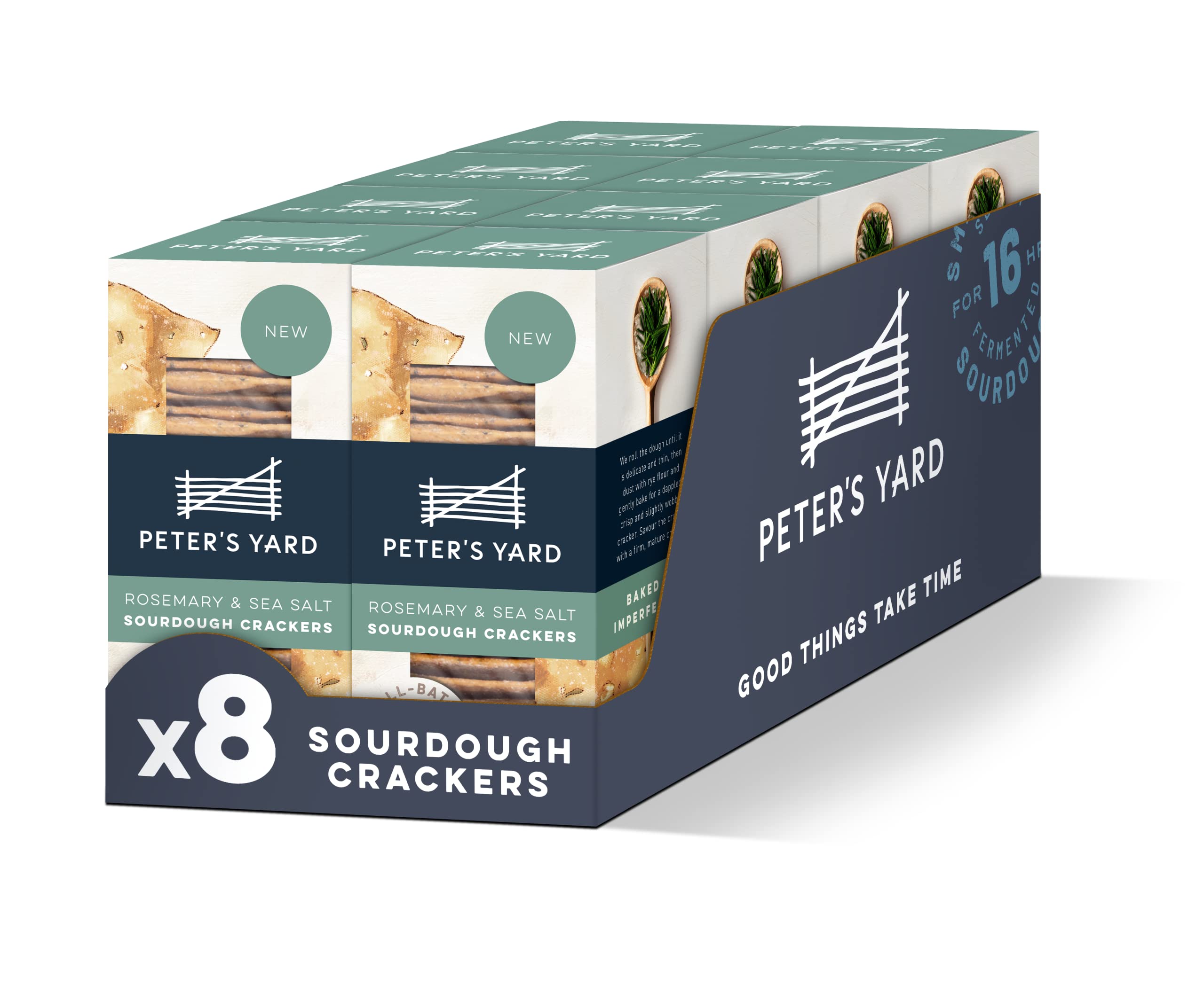 Peter's Yard Rosemary & Sea Salt Sourdough Crackers - High Fibre, Low Sugar | Pack of 8 x 90g 1