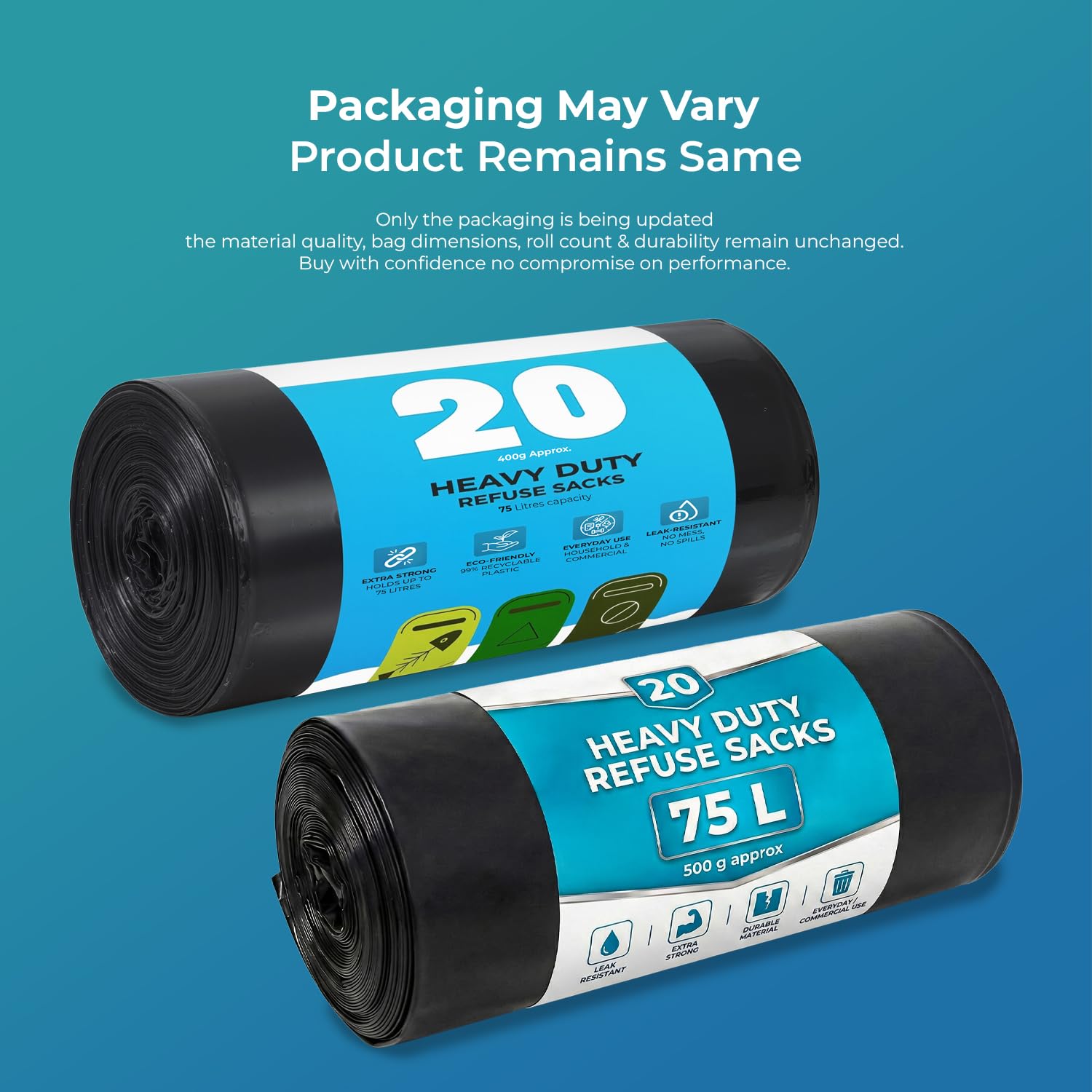 Roe Tenpo Black Bin Bags - 20 Pack, 75L Capacity, 30 Micron Strength | Recyclable