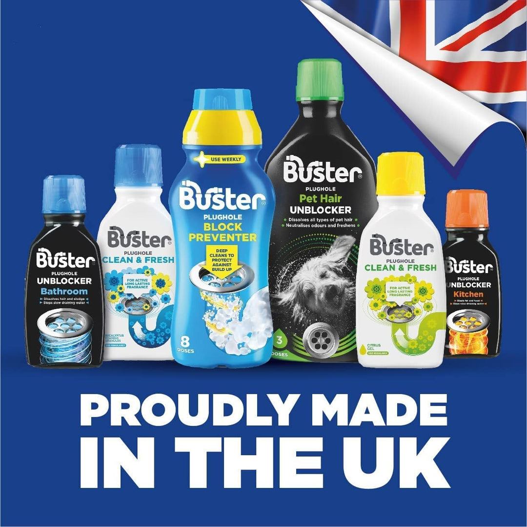 Buster Bathroom Drain Unblocker 300ml, Pack of 2 – Fast-Acting Sink & Shower Unblocker for Hair and Soap Scum