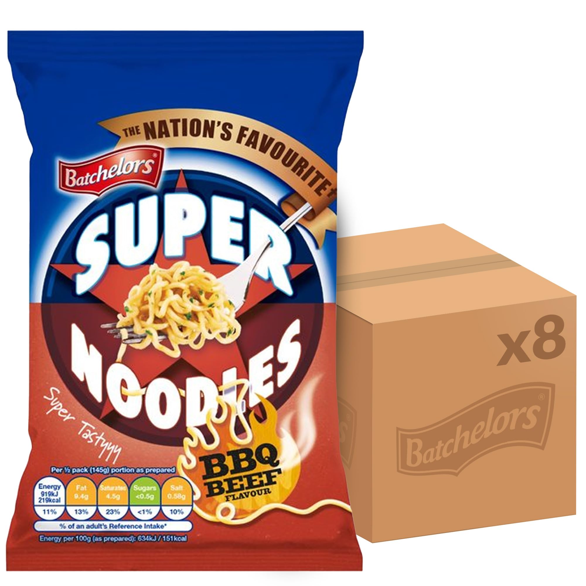 Batchelors Super Noodles Tasty BBQ Beef Flavour Instant Snack | 90g Pack of 8 1