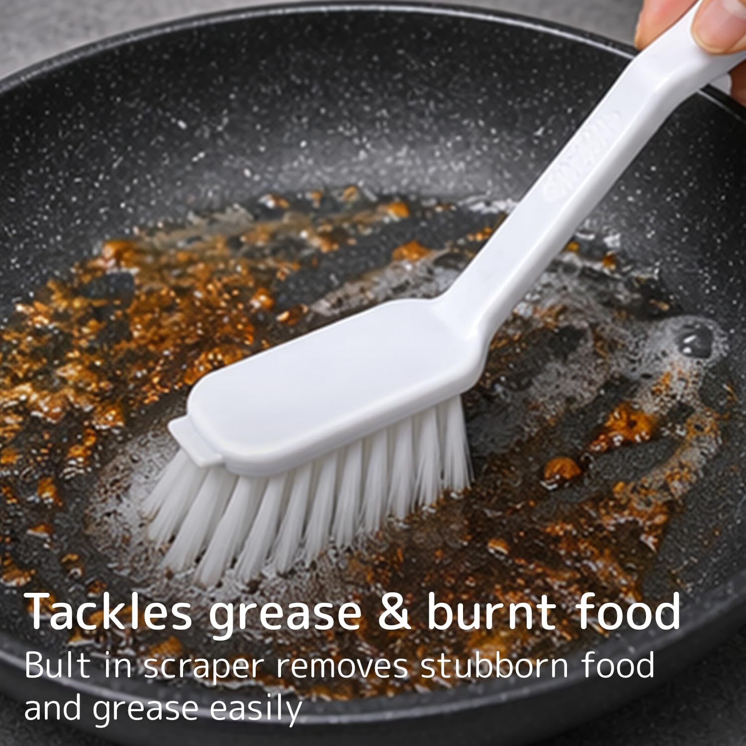 ABENA Dishwashing Brush - 27cm Long Handle with Stiff Bristle & Scraper | White 4