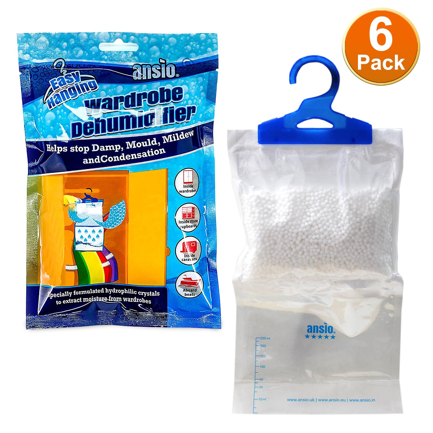 ANSIO Wardrobe Dehumidifier Disposable Hanging Bags - Pack of 6 | Removes Damp & Condensation 2
