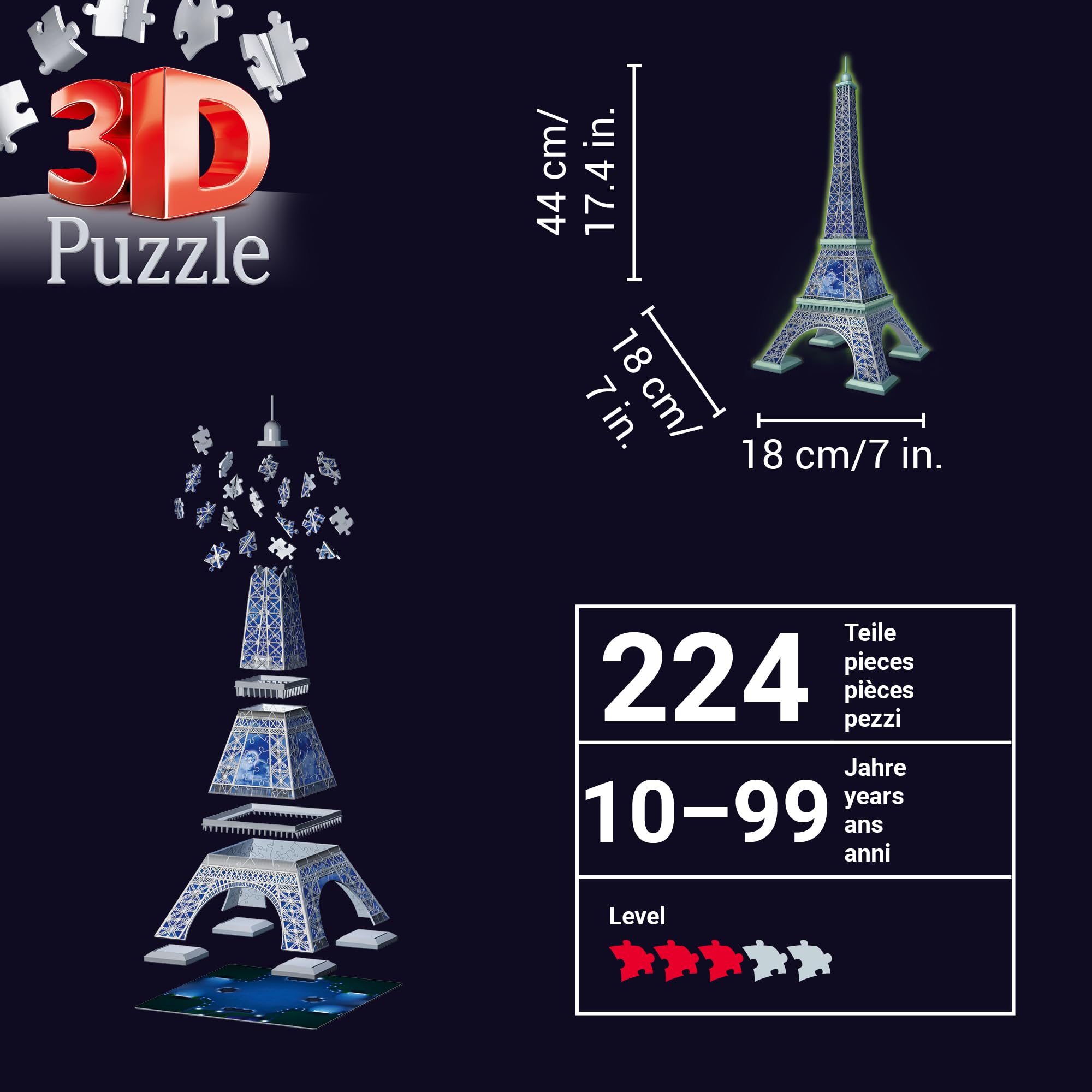 Ravensburger Glow in the Dark Eiffel Tower 3D Jigsaw Puzzle - 216-Piece Building Set for Kids & Adults 3