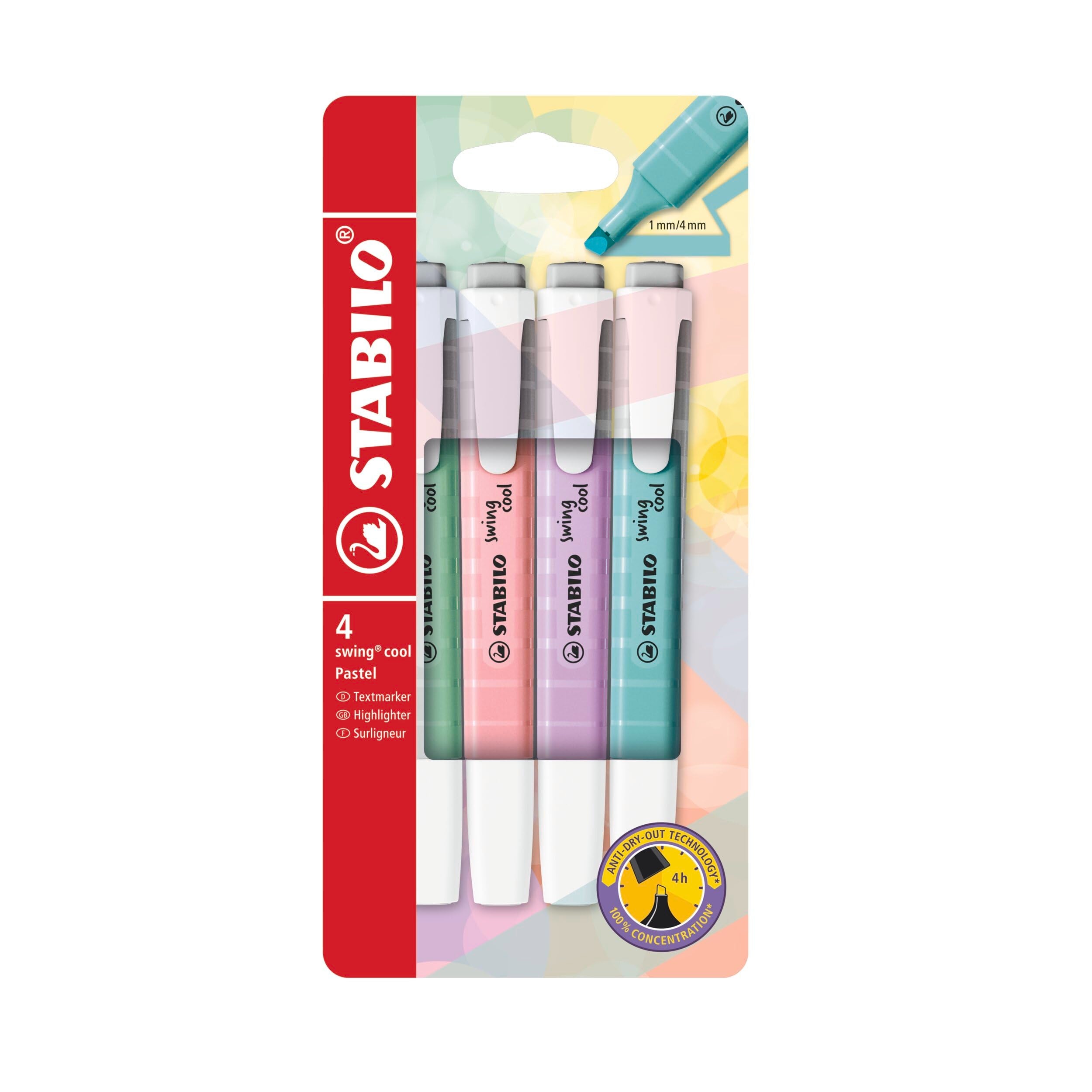 STABILO swing cool Pastel Highlighter - Wallet of 4 Assorted Colours | 4 Hour Cap-Off Time | Chisel Tip 1