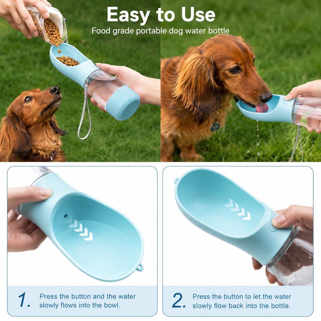 Admygo 4-in-1 Portable Dog Water Bottle - Blue | Leak Proof | Food Container 5
