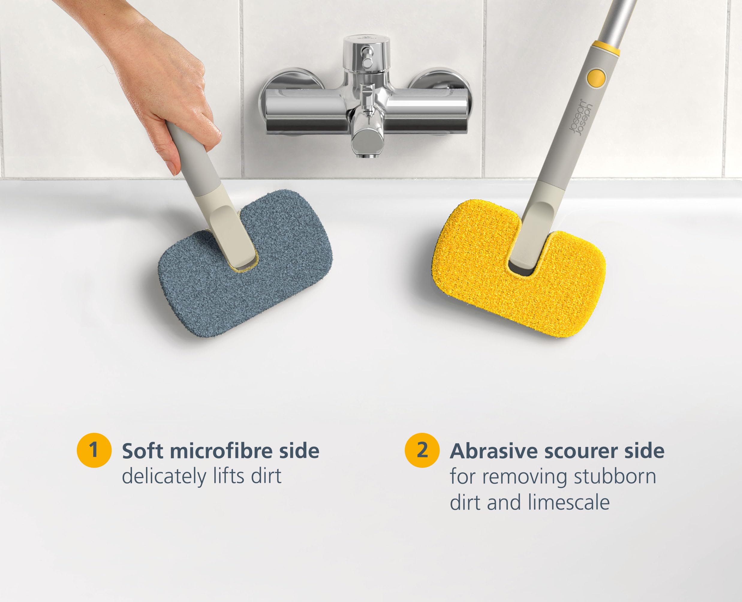 Joseph Joseph CleanTech 2-in-1 Bathroom Scrubber - Microfibre & Scourer Pads | Soft-Grip Handle 7