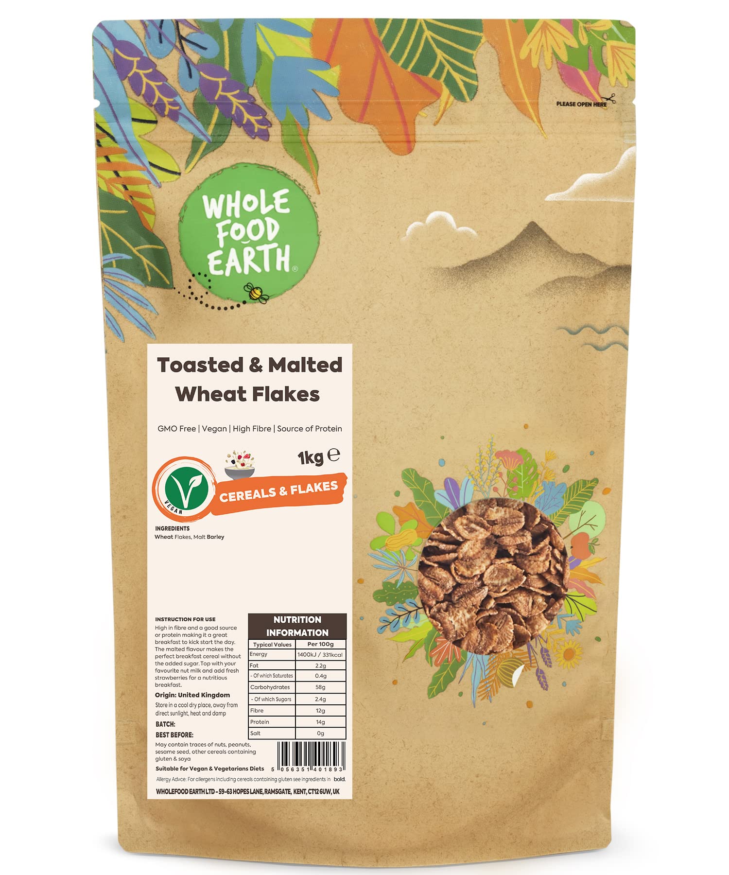 Wholefood Earth Toasted and Malted Wheat Flakes 1 kg | GMO Free | High Fibre | Vegan 1