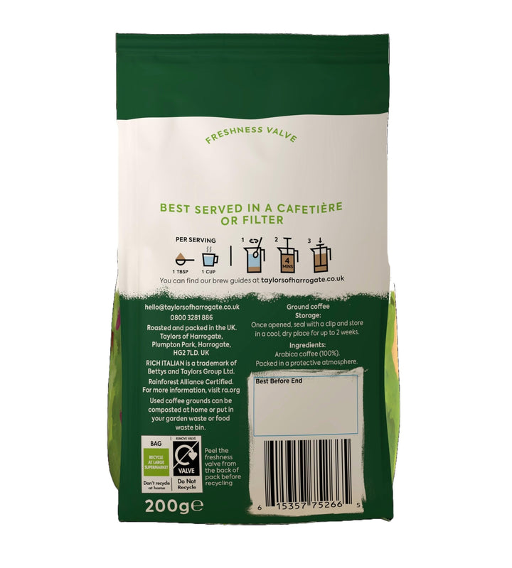 Taylors of Harrogate Rich Italian Ground Coffee (200g Pack of 6 - Total 1.2kg)