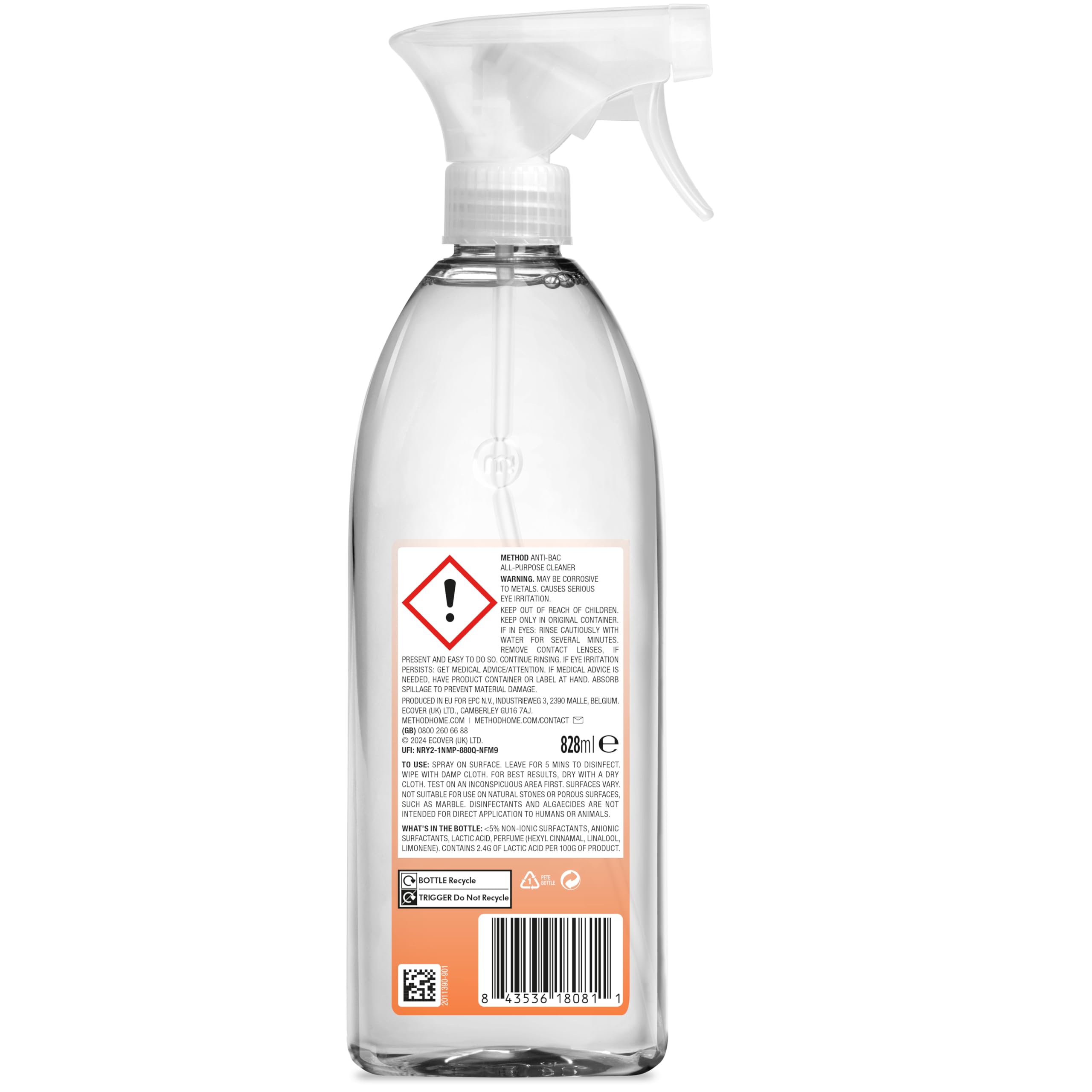 Method Antibacterial All Purpose Cleaner Spray - Kills 99.9% Bacteria | 828 ml Orange Yuzu