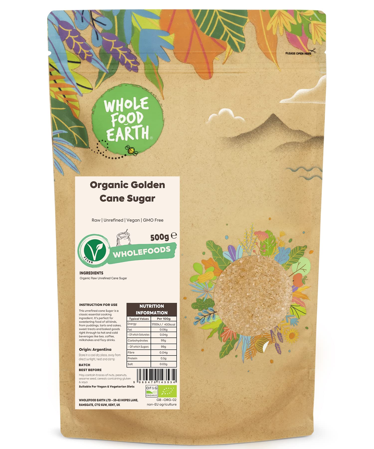 Wholefood Earth Organic Golden Cane Sugar 500g | Unrefined | Raw | Vegan 1