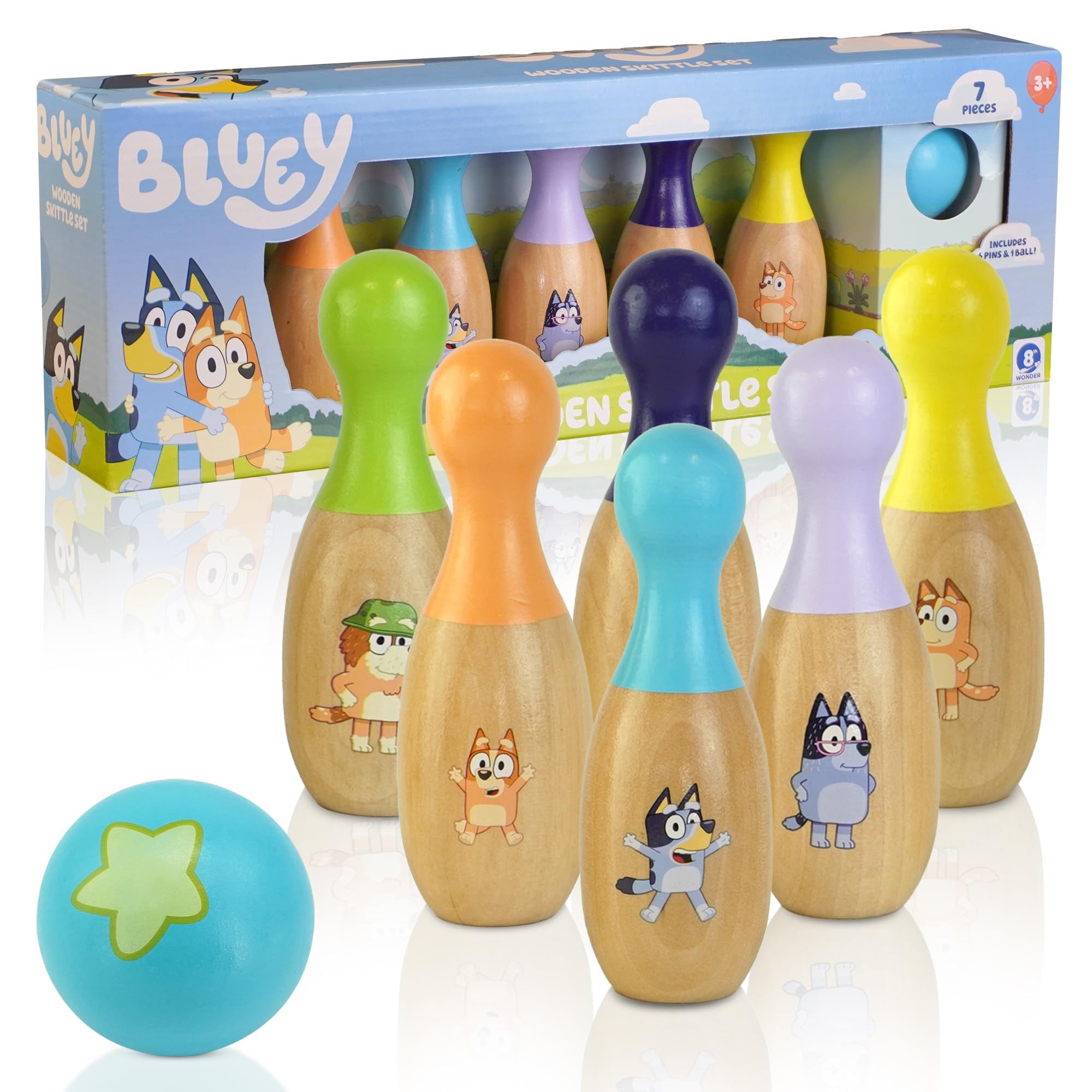 Bluey Wooden Skittles Set - 6 Character Pins (Bluey & Bingo) & Ball | Indoor/Outdoor Play