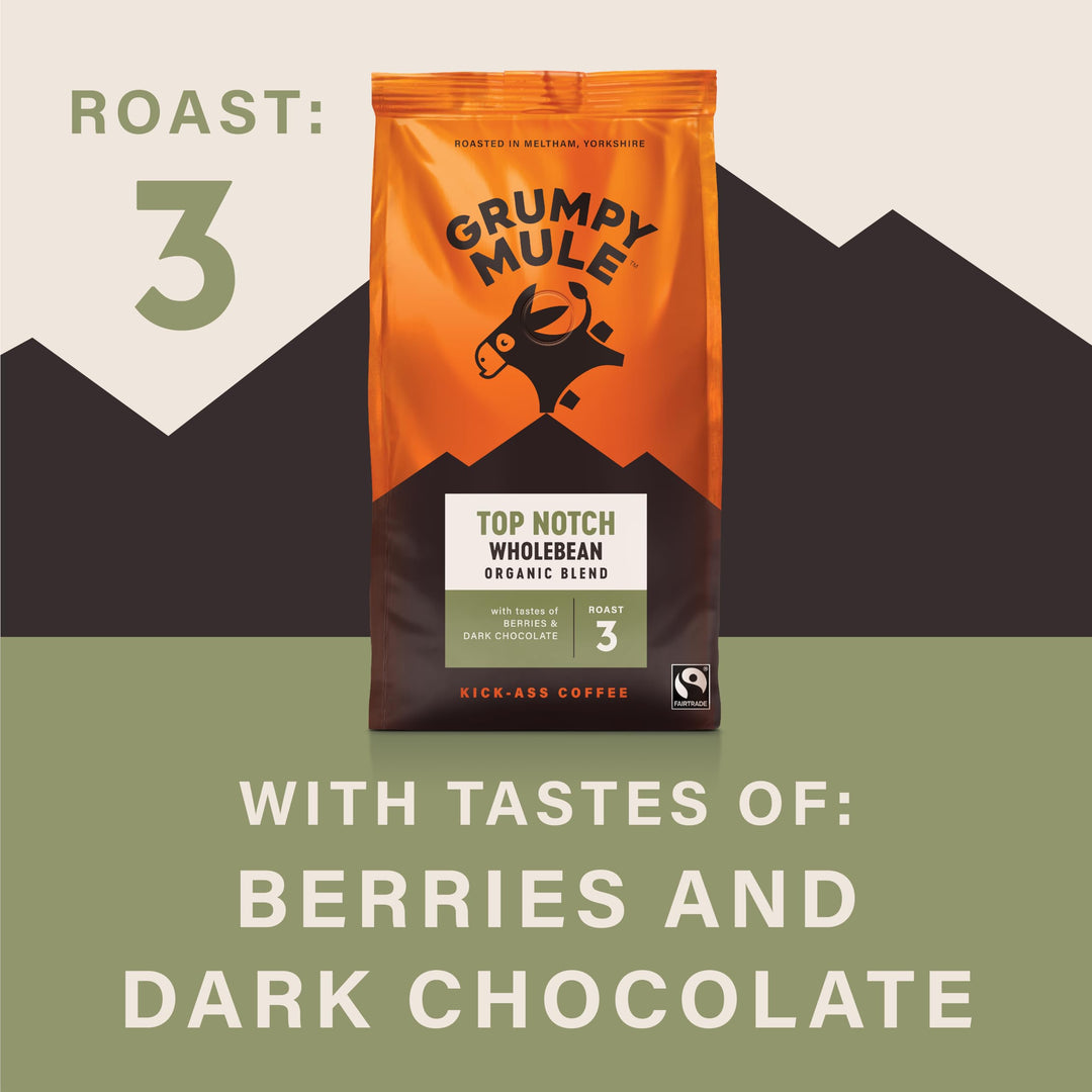 Grumpy Mule Top Notch Organic Blend Whole Coffee Beans - Berries & Dark Chocolate Notes