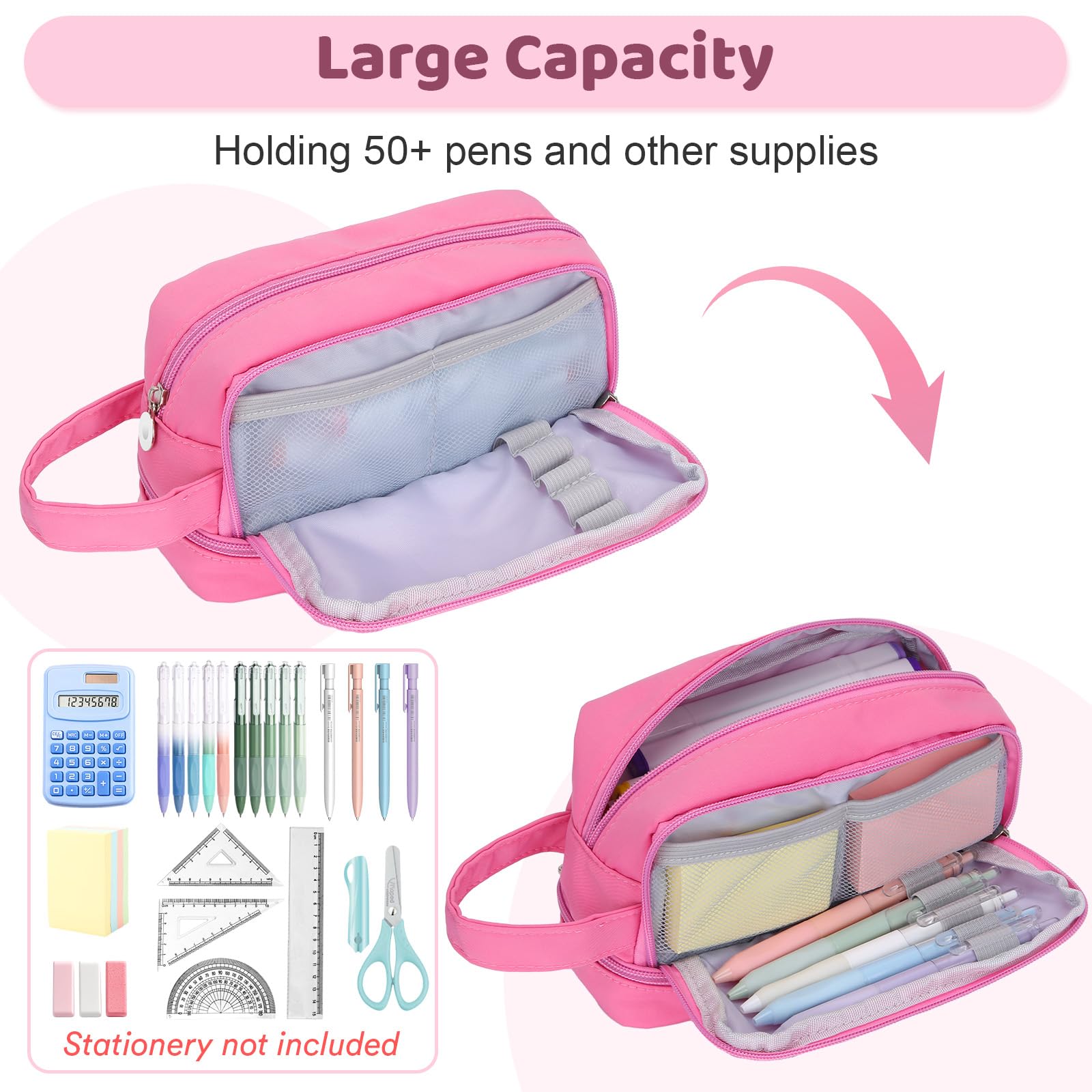 Alyvisun Large Capacity Pencil Case - 3 Compartments, Pink Canvas, Zipper Closure | One Size