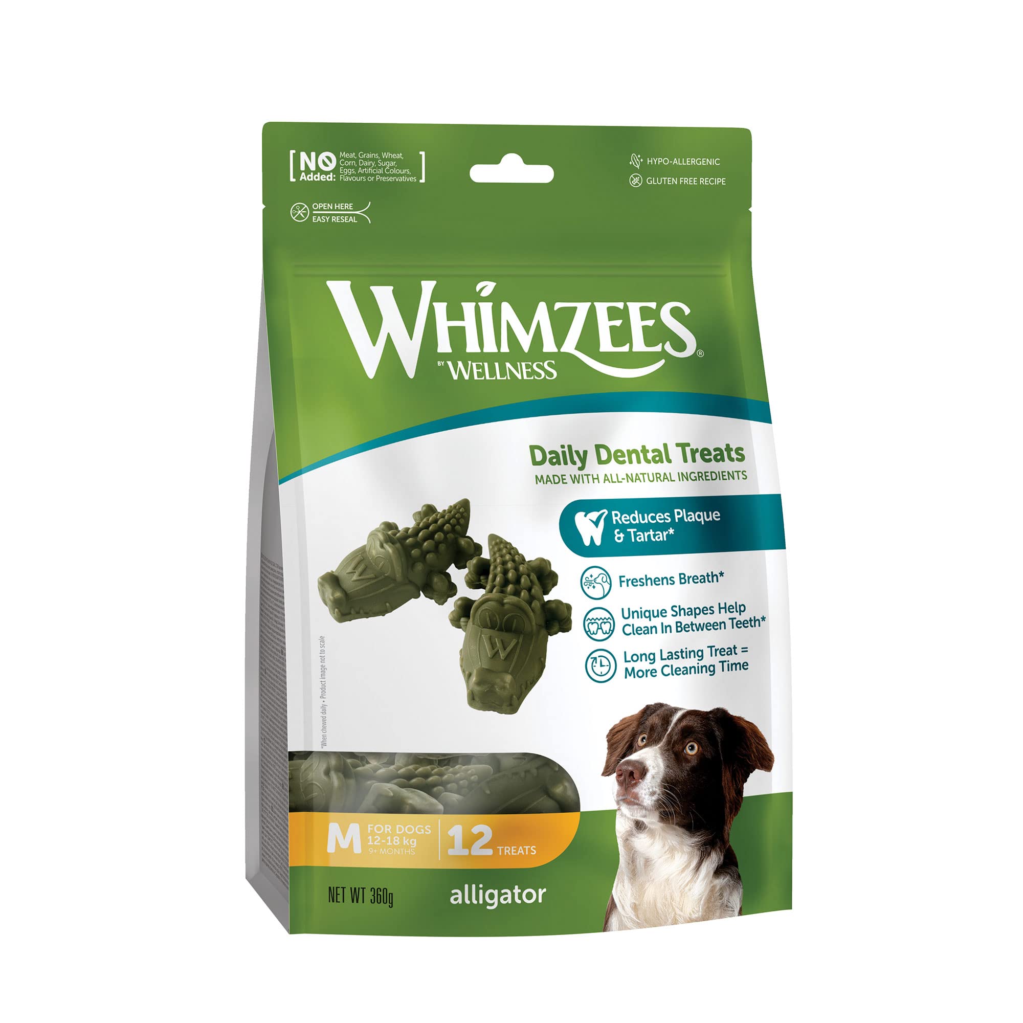 WHIMZEES By Wellness Alligator Dental Sticks - Natural, Grain-Free Chews for Medium Dogs (12 Count)