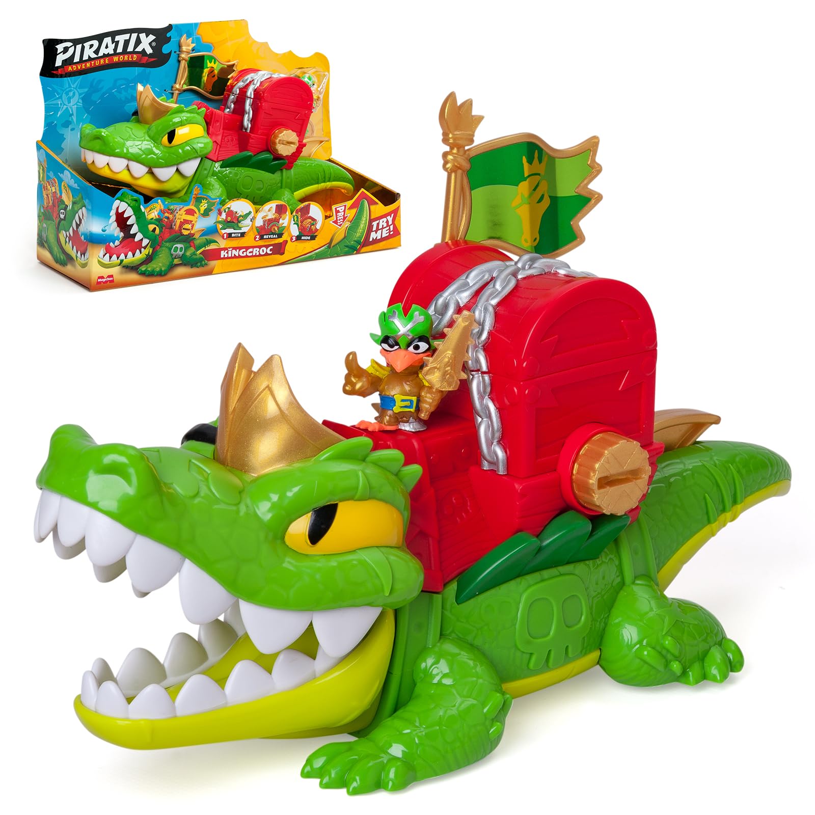 PIRATIX ADVENTURE WORLD King Croc Articulated Crocodile Figure | Includes Captain Jawcrush & Treasure 1