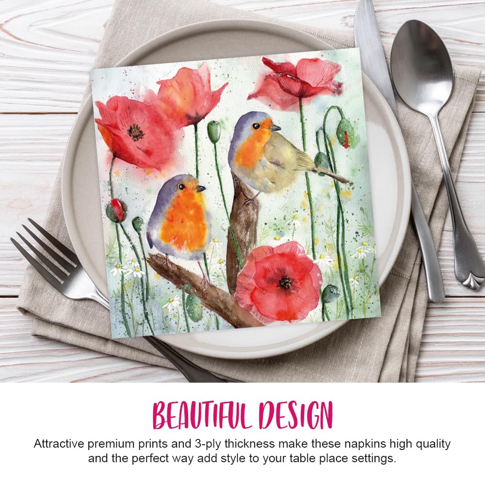 JET PAPIER GMBH Lunch Napkins - 3-Ply, Robin Birds Poppy Flowers Design | 33 x 33 cm | 20 Count 3
