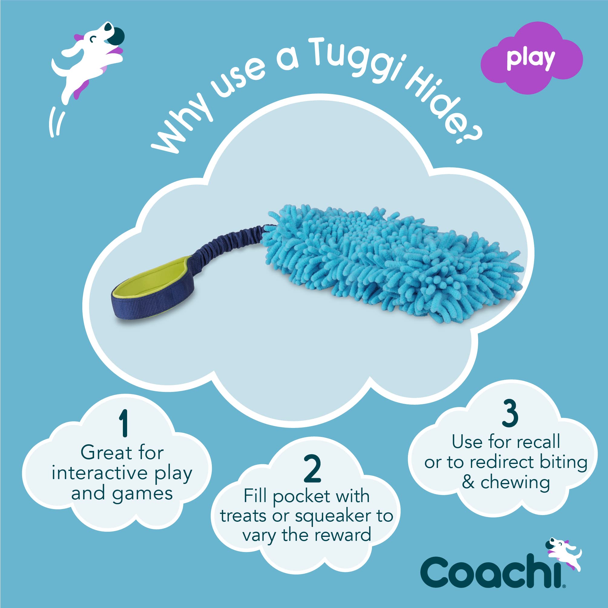 Coachi Tuggi Hide Interactive Dog Chew Toy - Strong Bungee & Neoprene Handle | Navy, Lime, Light Blue
