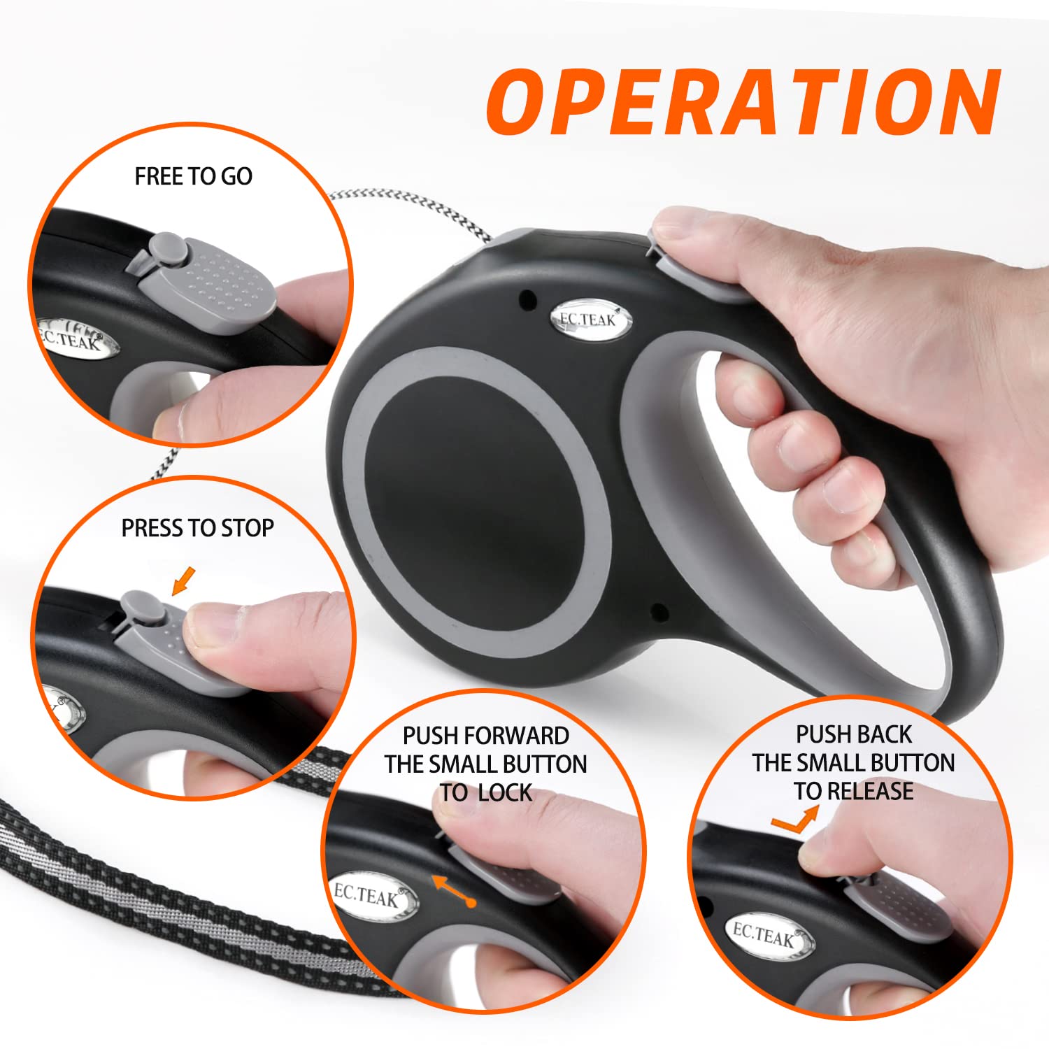 EC.TEAK Retractable Dog Leash - 30 FT for Medium/Large Dogs (Up to 110 lbs) | Black Nylon 4