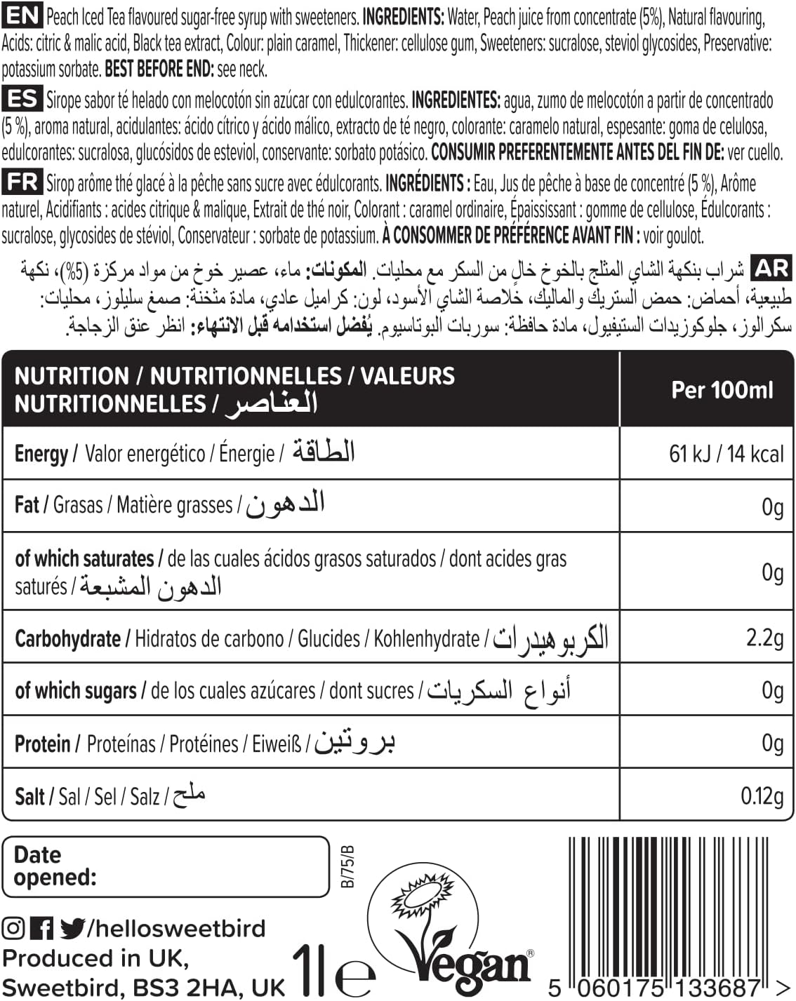 Sweetbird - Sugar-Free Peach Iced Tea Syrup (1 Litre) 4