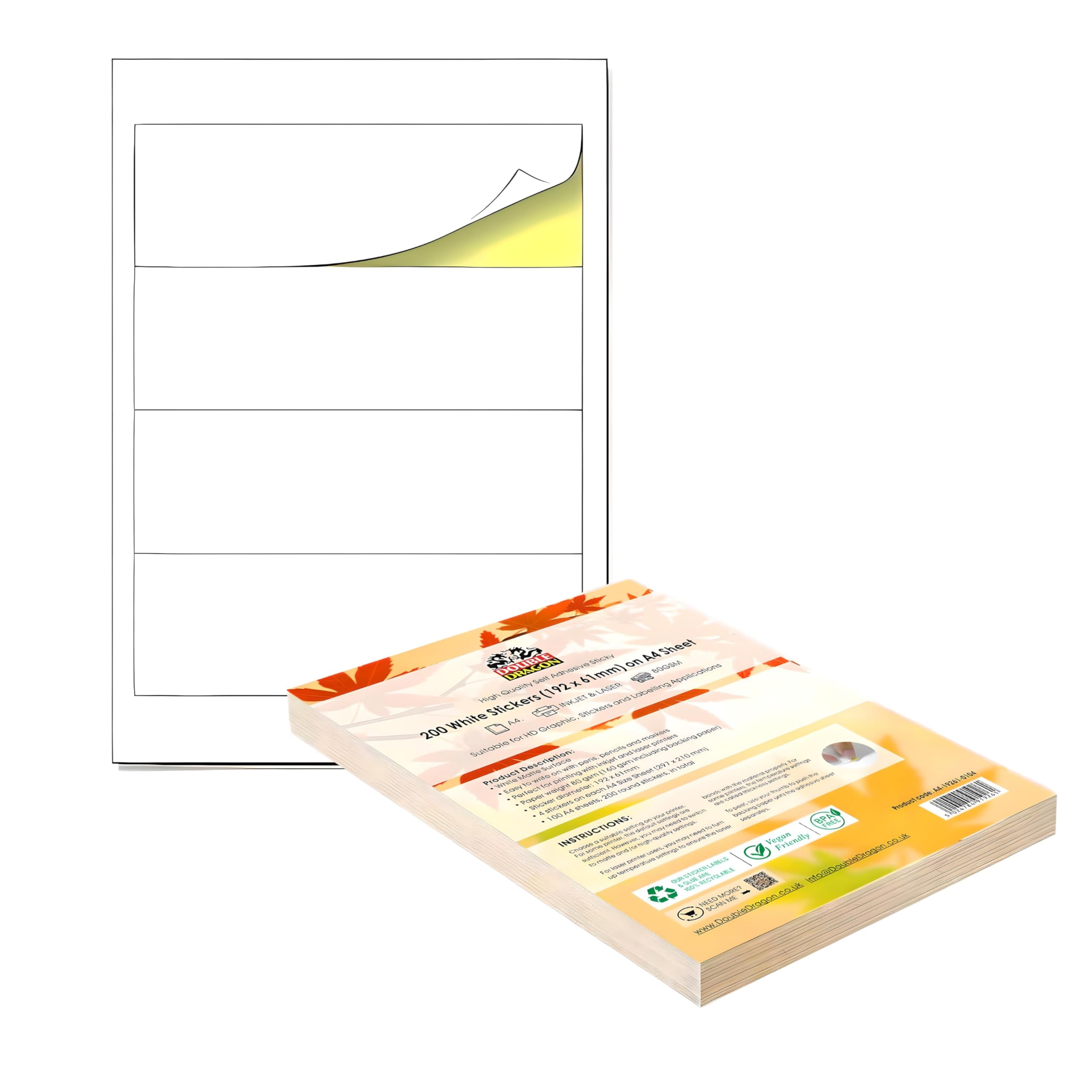 Double Dragon Printer Labels - 200 Self Adhesive Labels, 192x61mm, 4 Per A4 Sheet, White Matte 1