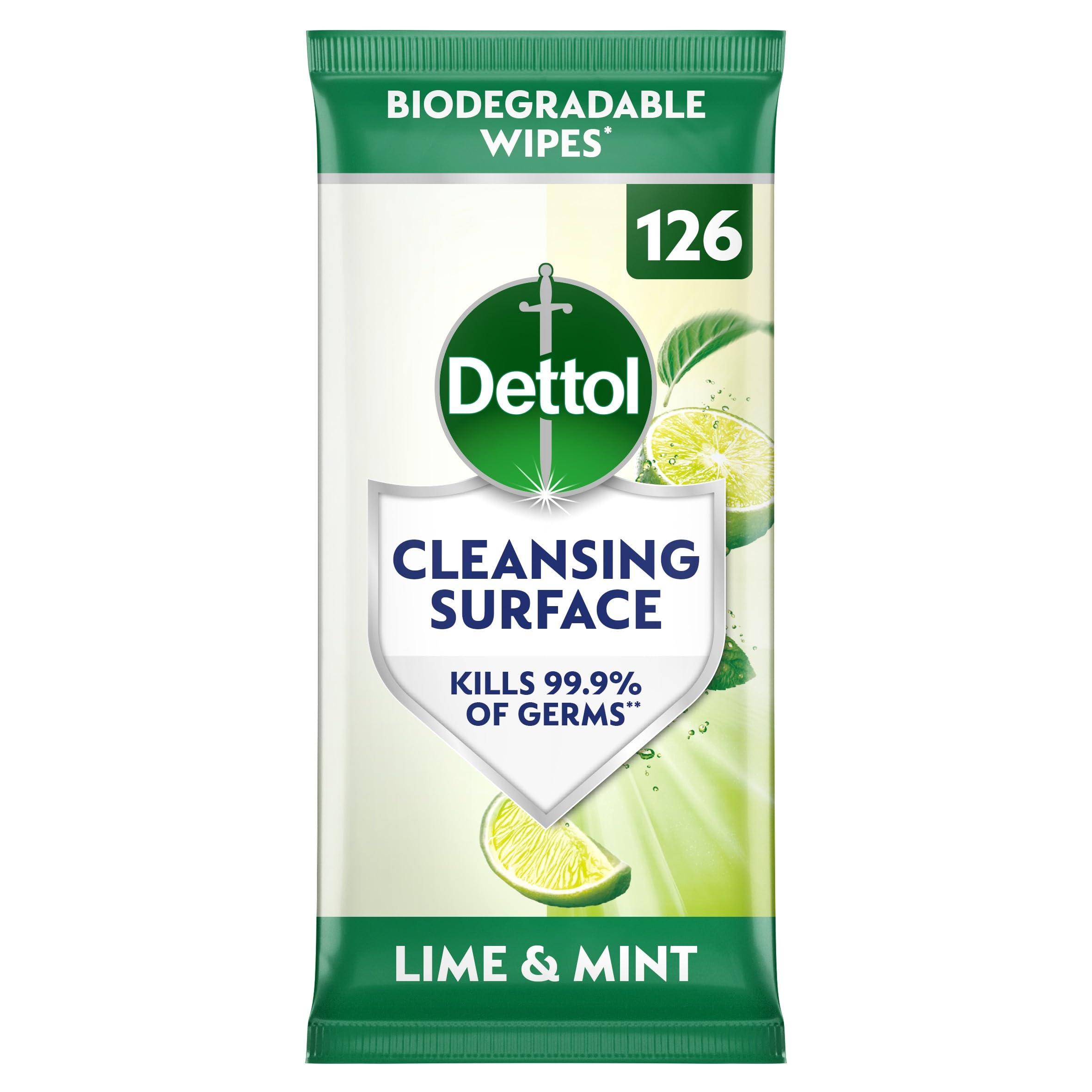 Dettol Antibacterial Surface Wipes, Lime and Mint Scent, Bleach Free, 126 Count