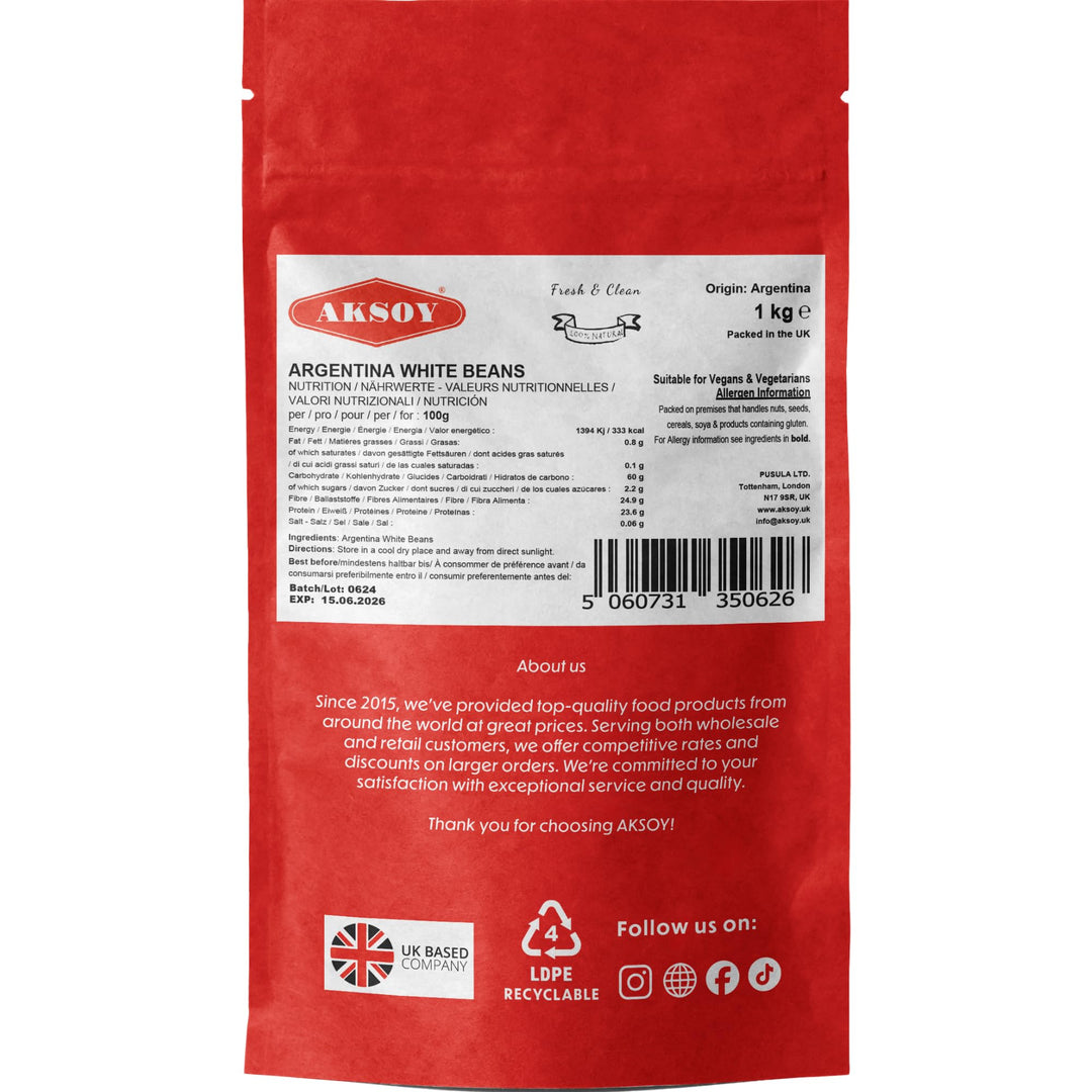 Aksoy Argentina White Beans 1KG - Premium White Beans for Stews, Soups, Salads & Casseroles