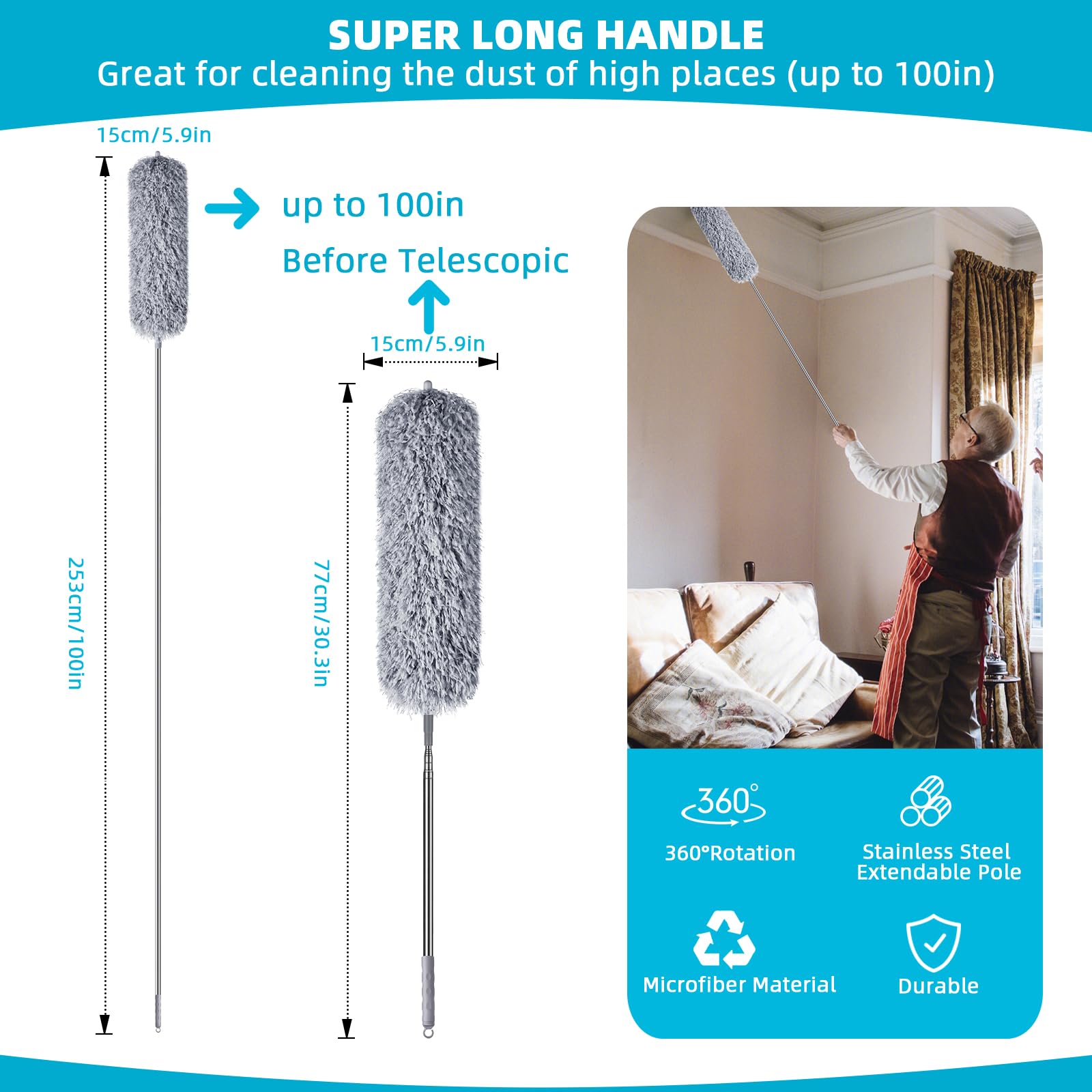 Lychico Extendable Feather Duster - Bendable Microfiber Duster with Telescoping Handle (30-100 inch), Grey 6