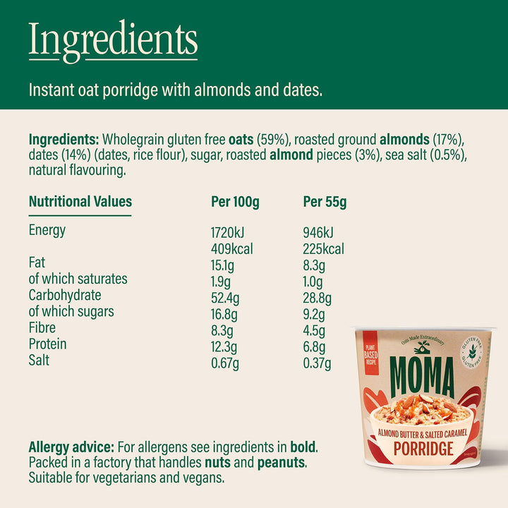 MOMA Almond Butter & Salted Caramel Instant Porridge Pots - Box of 12 x 55g - Gluten Free, Vegan, High in Fibre