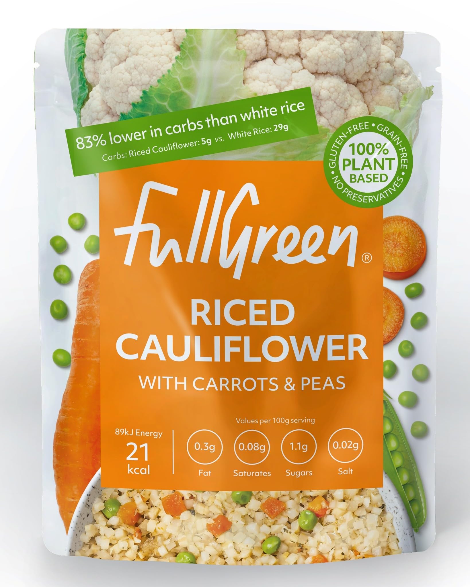 Fullgreen Riced Cauliflower with Carrots & Peas - Case of 6 | 83% Less Carbs than Rice | Vegan, Gluten Free 1