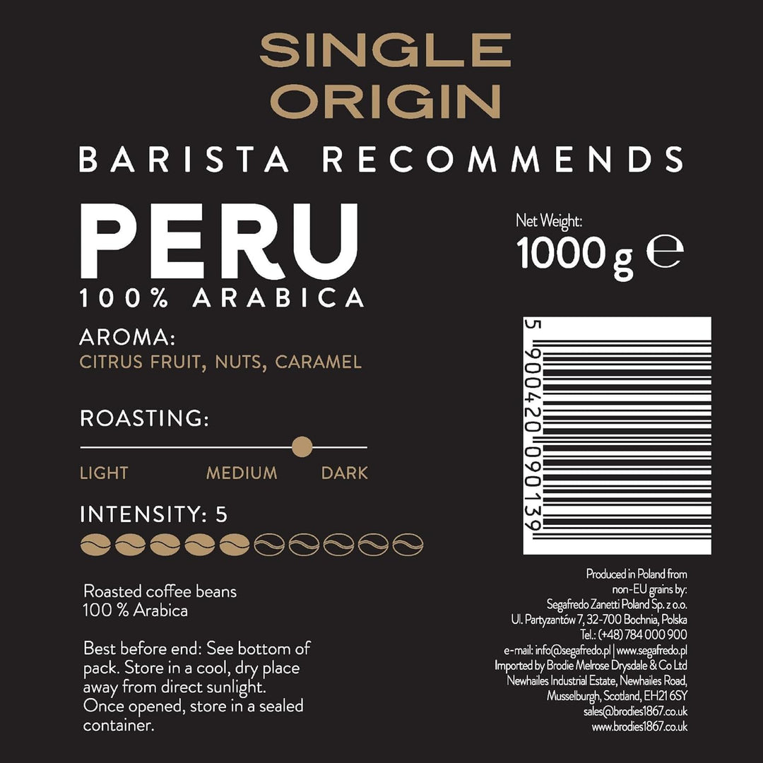 Segafredo Zanetti Single Origin Perù 100% Arabica Coffee Beans - 1kg Whole Bean